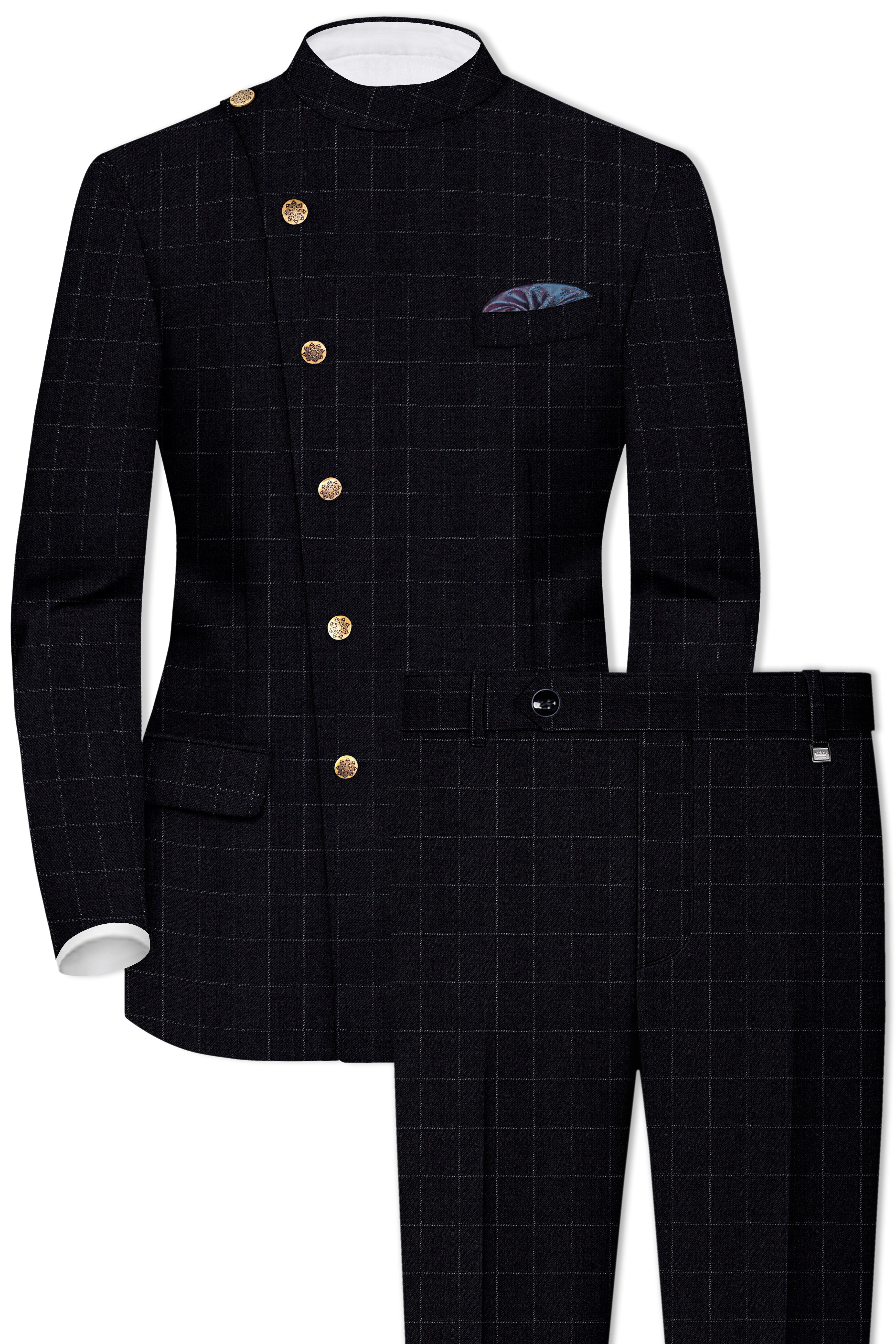 Log Cabin Black Super fine  Windowpane Cross Placket Wool Rich Bandhgala Suit