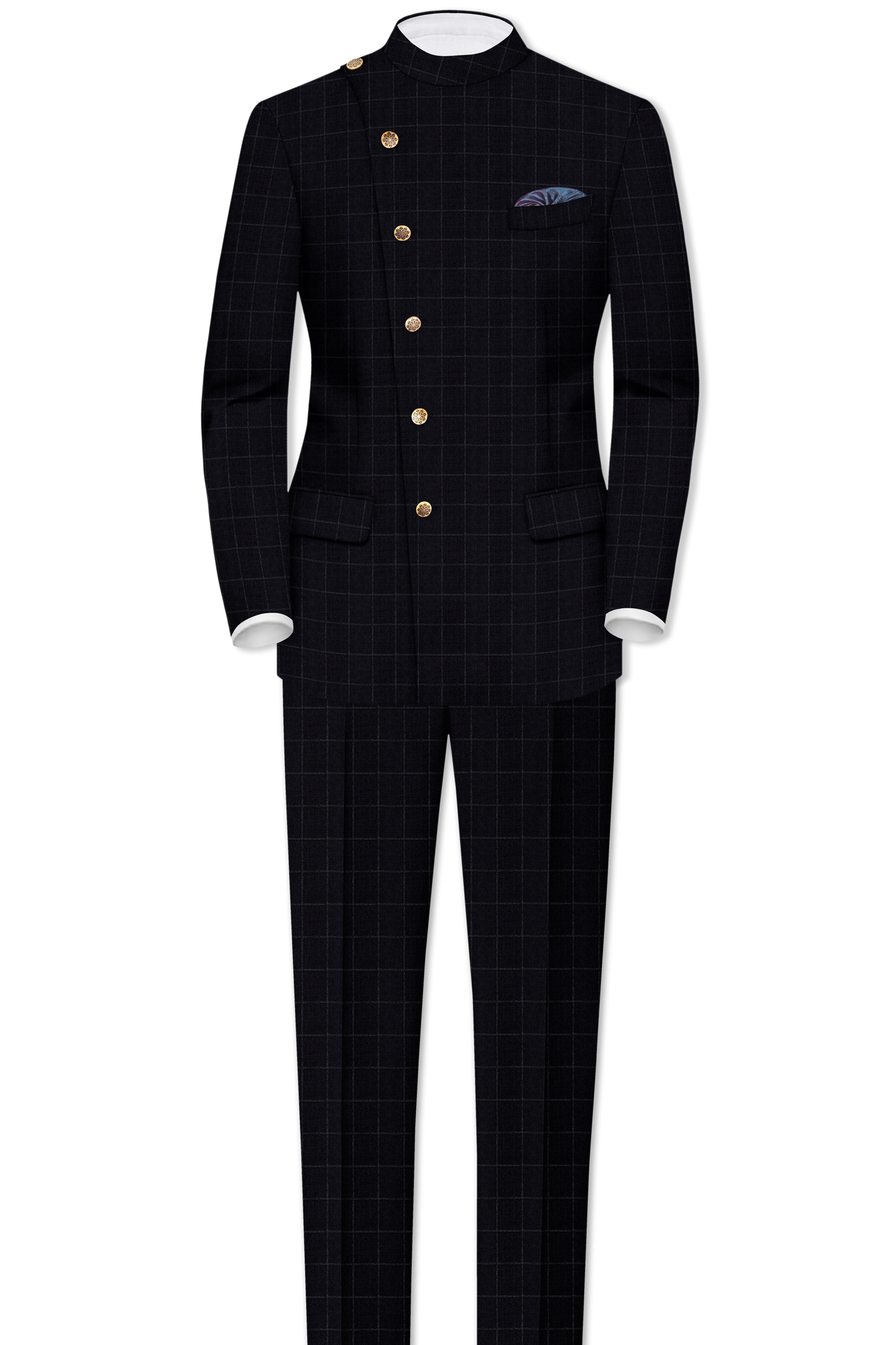 Log Cabin Black Super fine  Windowpane Cross Placket Wool Rich Bandhgala Suit
