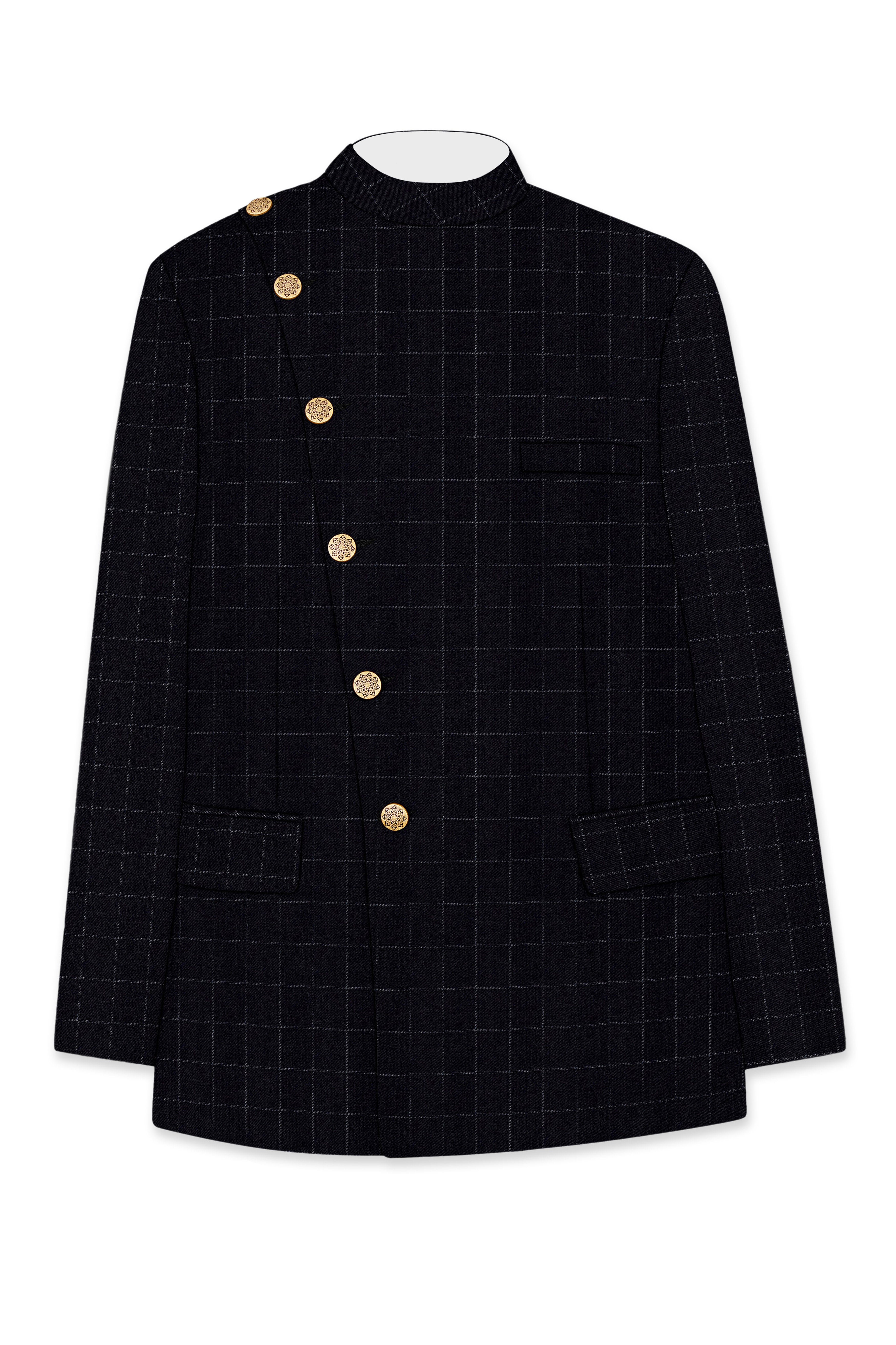 Log Cabin Black Super fine  Windowpane Cross Placket Wool Rich Bandhgala Suit