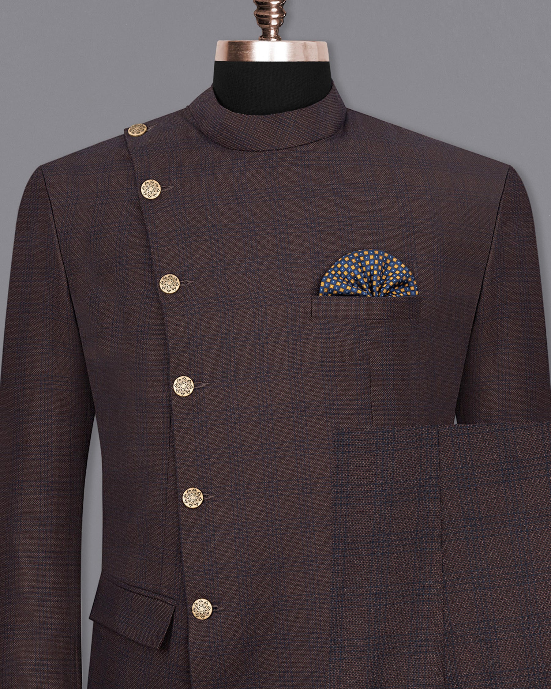Thunder Brown Subtle Checkered Woolrich Cross Placket Bandhgala Suit