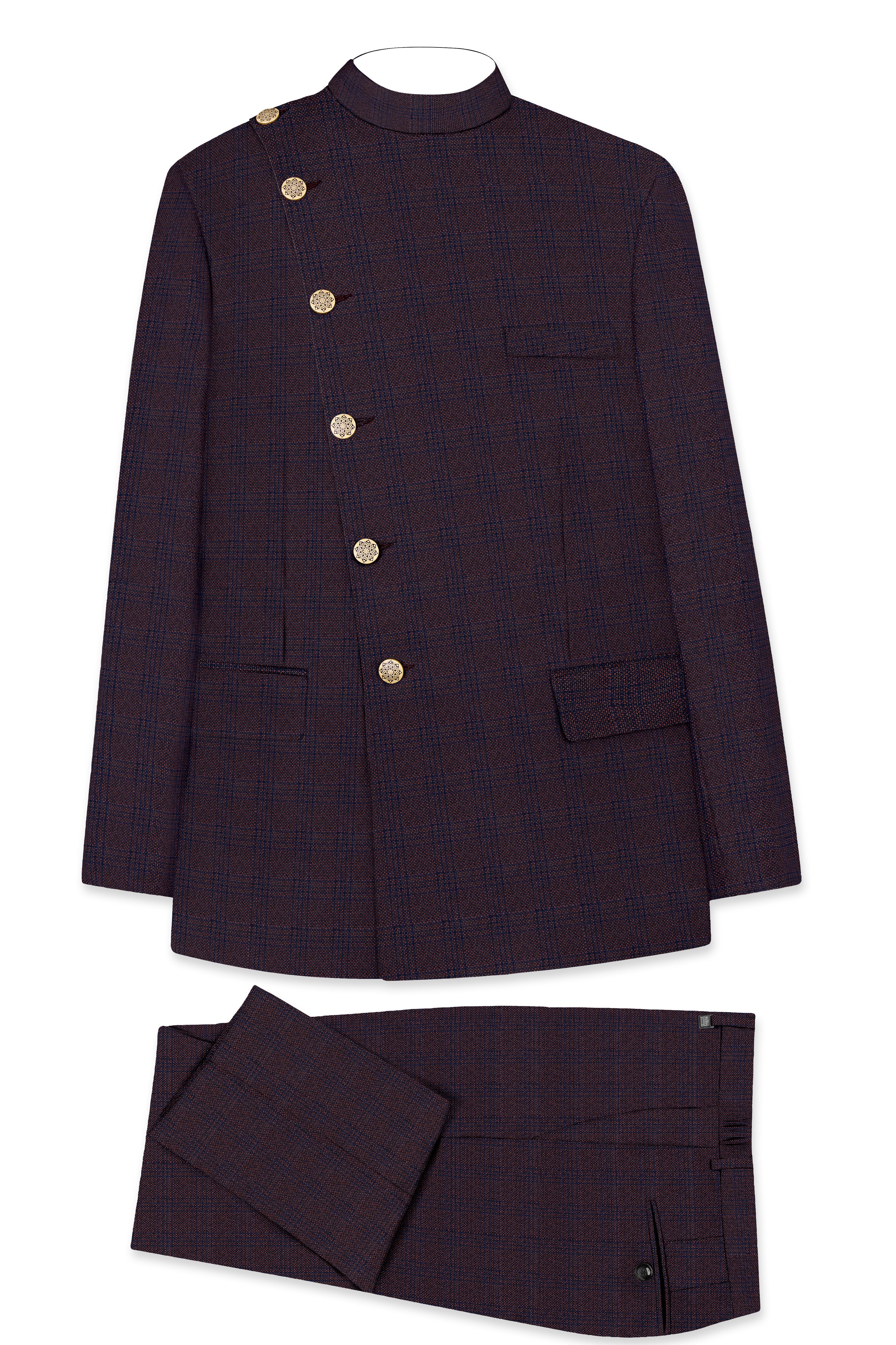 Thunder Brown Subtle Checkered Woolrich Cross Placket Bandhgala Suit