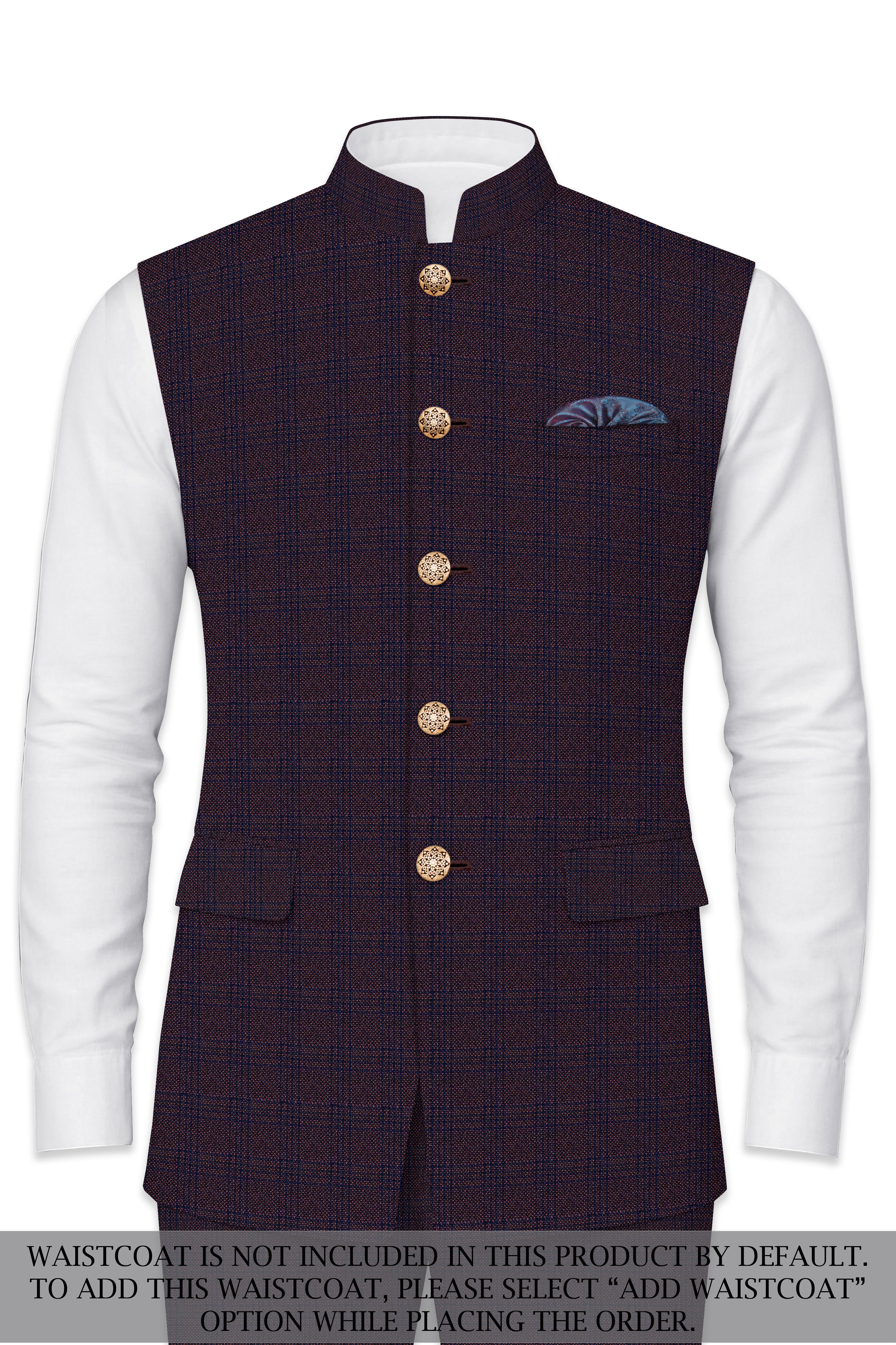 Thunder Brown Subtle Checkered Woolrich Cross Placket Bandhgala Suit