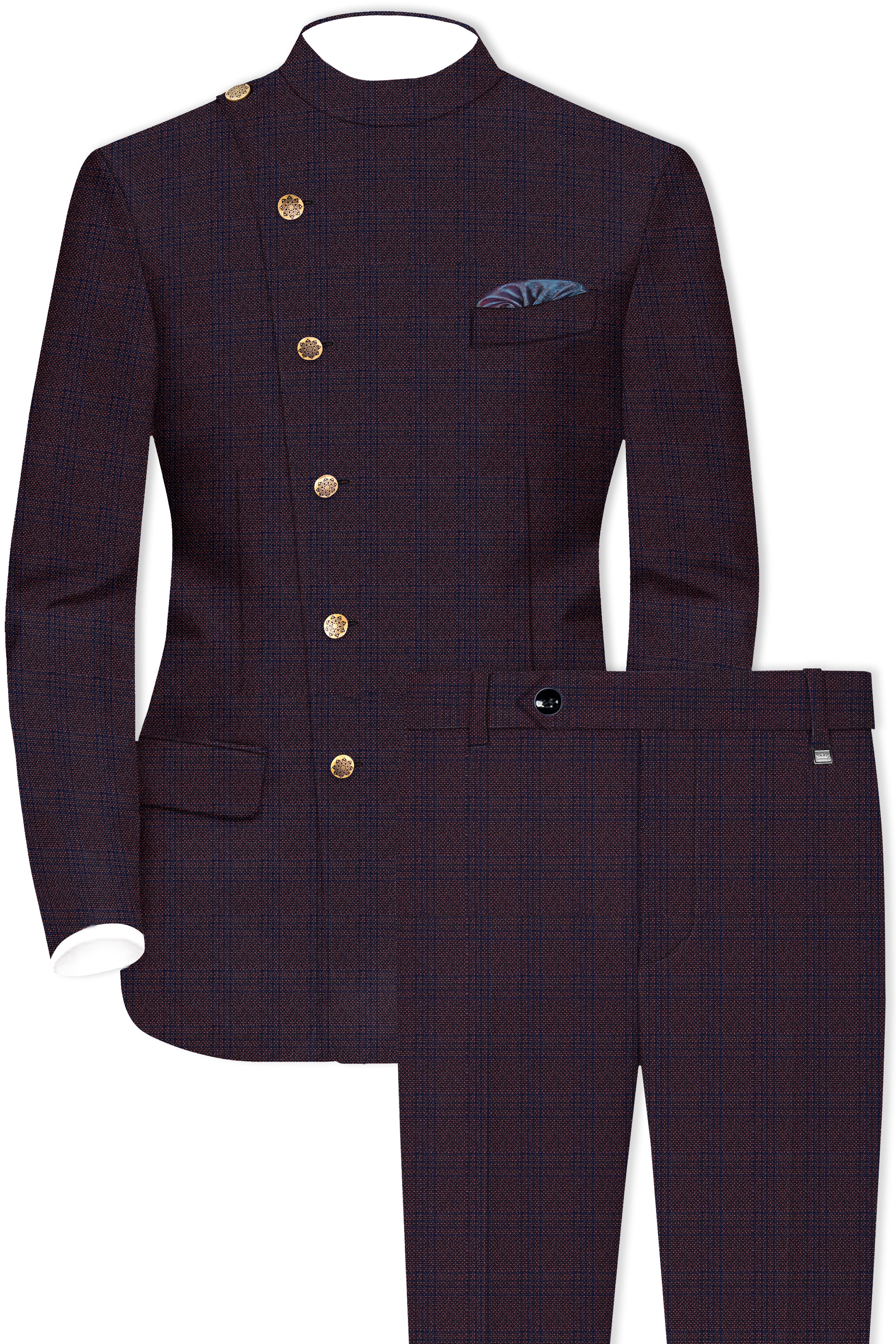 Thunder Brown Subtle Checkered Woolrich Cross Placket Bandhgala Suit