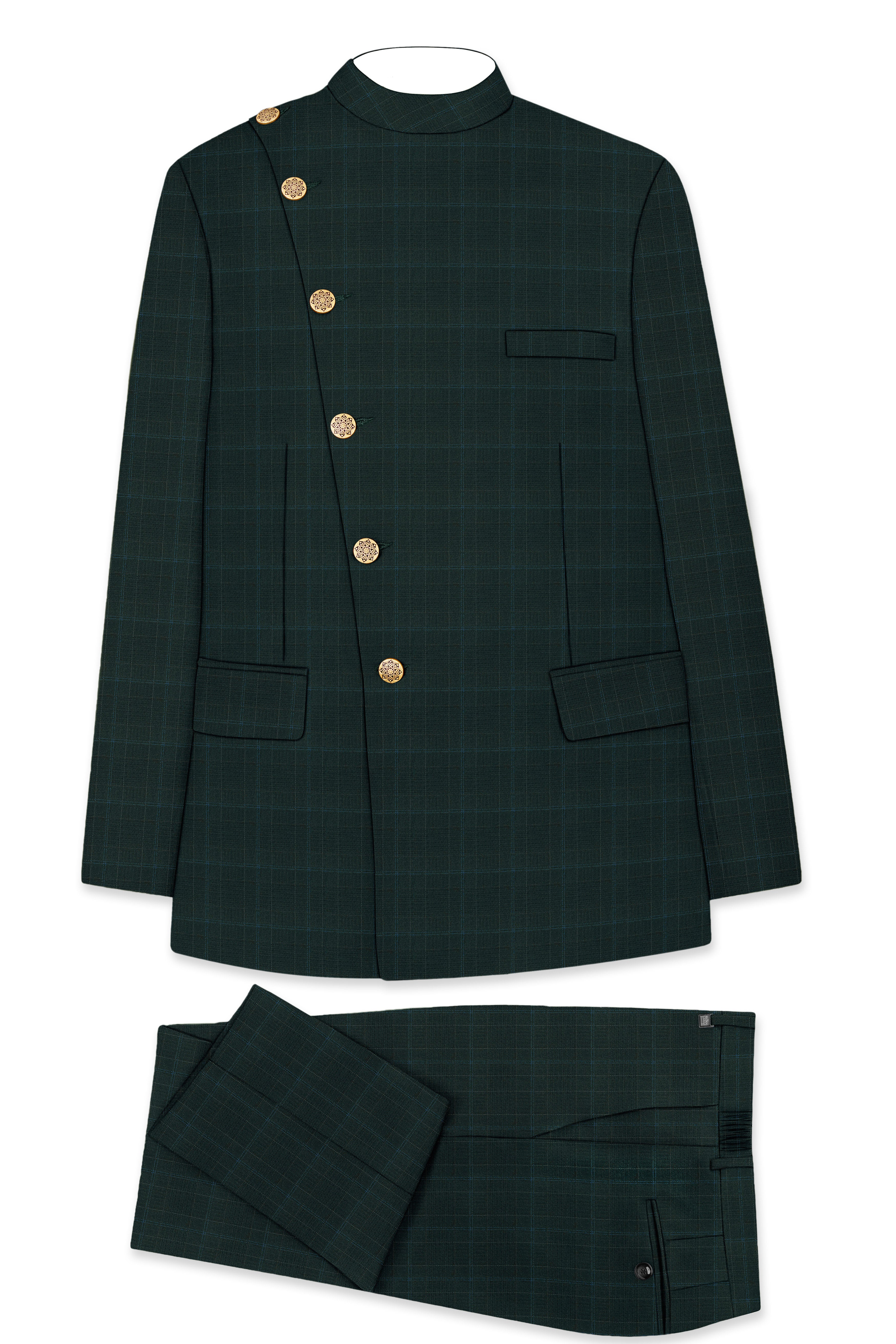 Dune Green Super fine Plaid Woolrich Cross Placket Bandhgala Suit