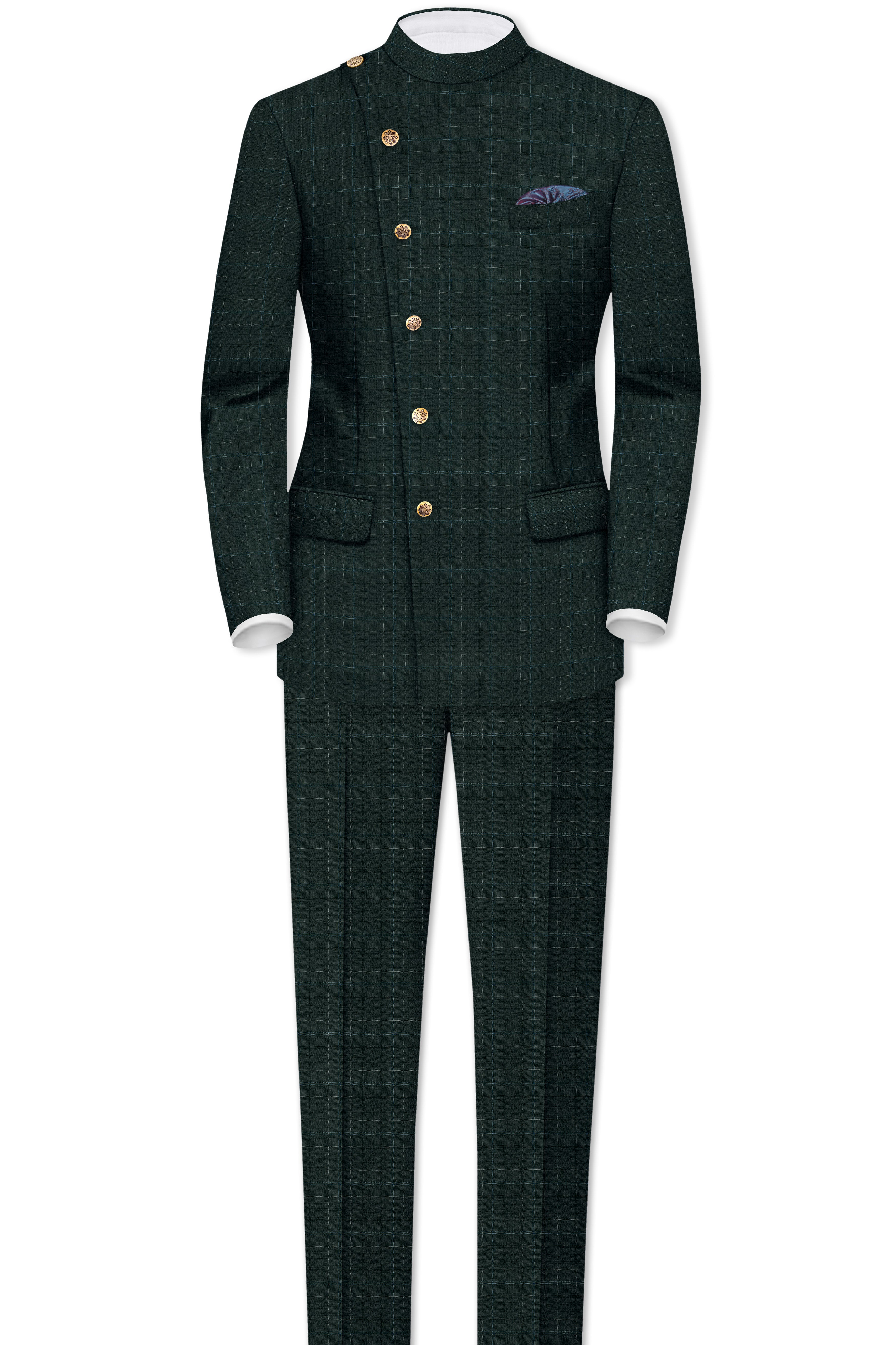 Dune Green Super fine Plaid Woolrich Cross Placket Bandhgala Suit