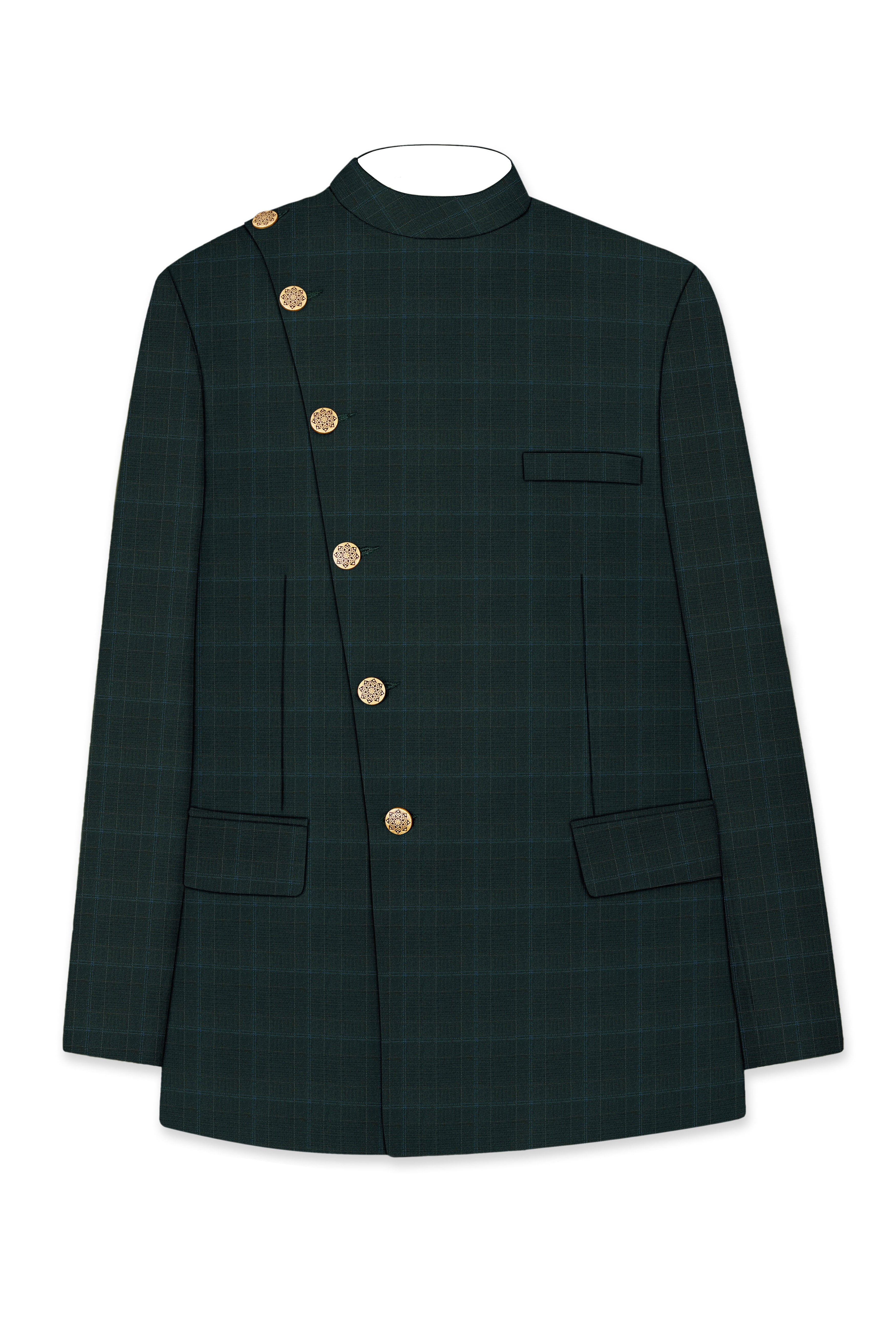 Dune Green Super fine Plaid Woolrich Cross Placket Bandhgala Suit