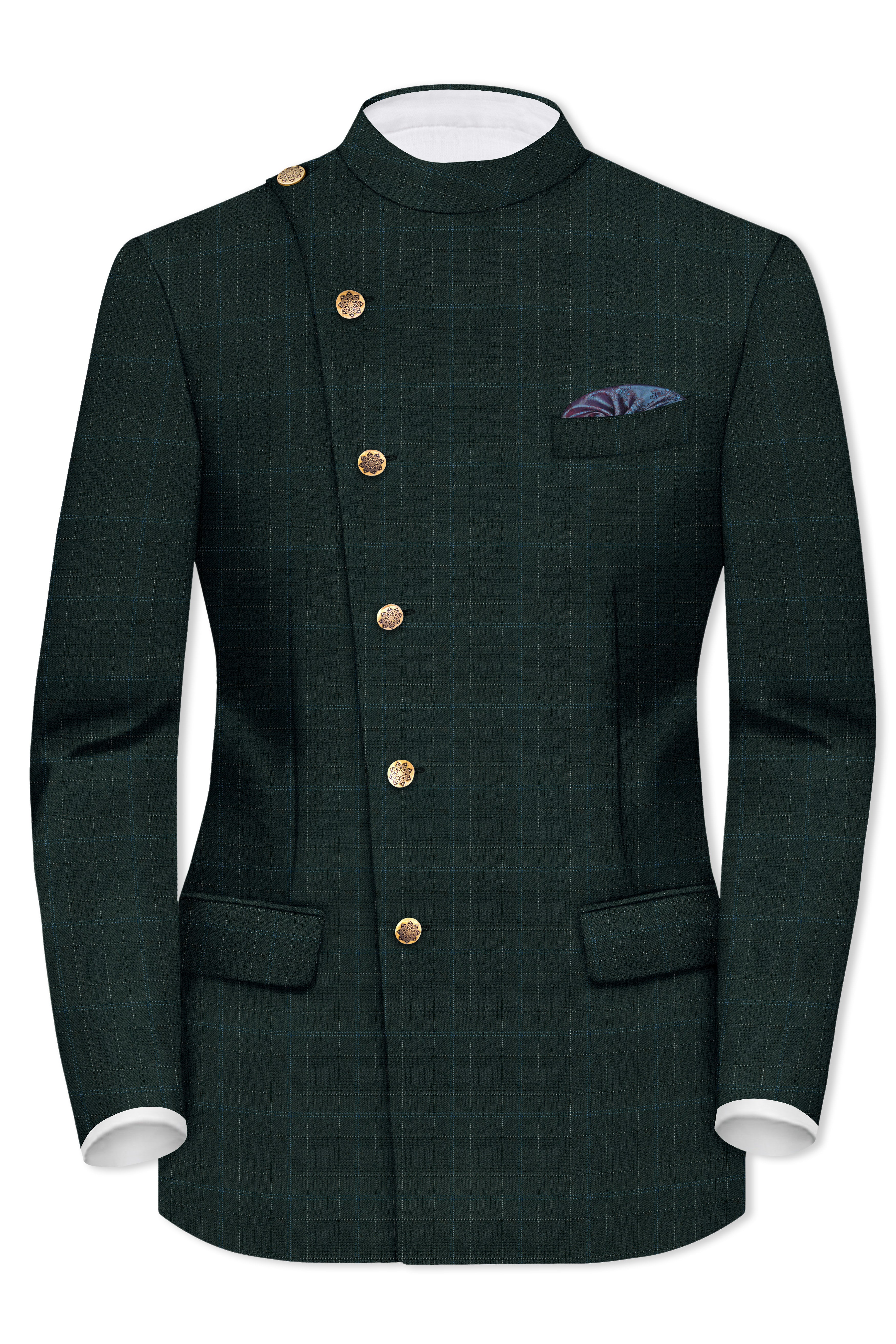 Dune Green Super fine Plaid Woolrich Cross Placket Bandhgala Suit