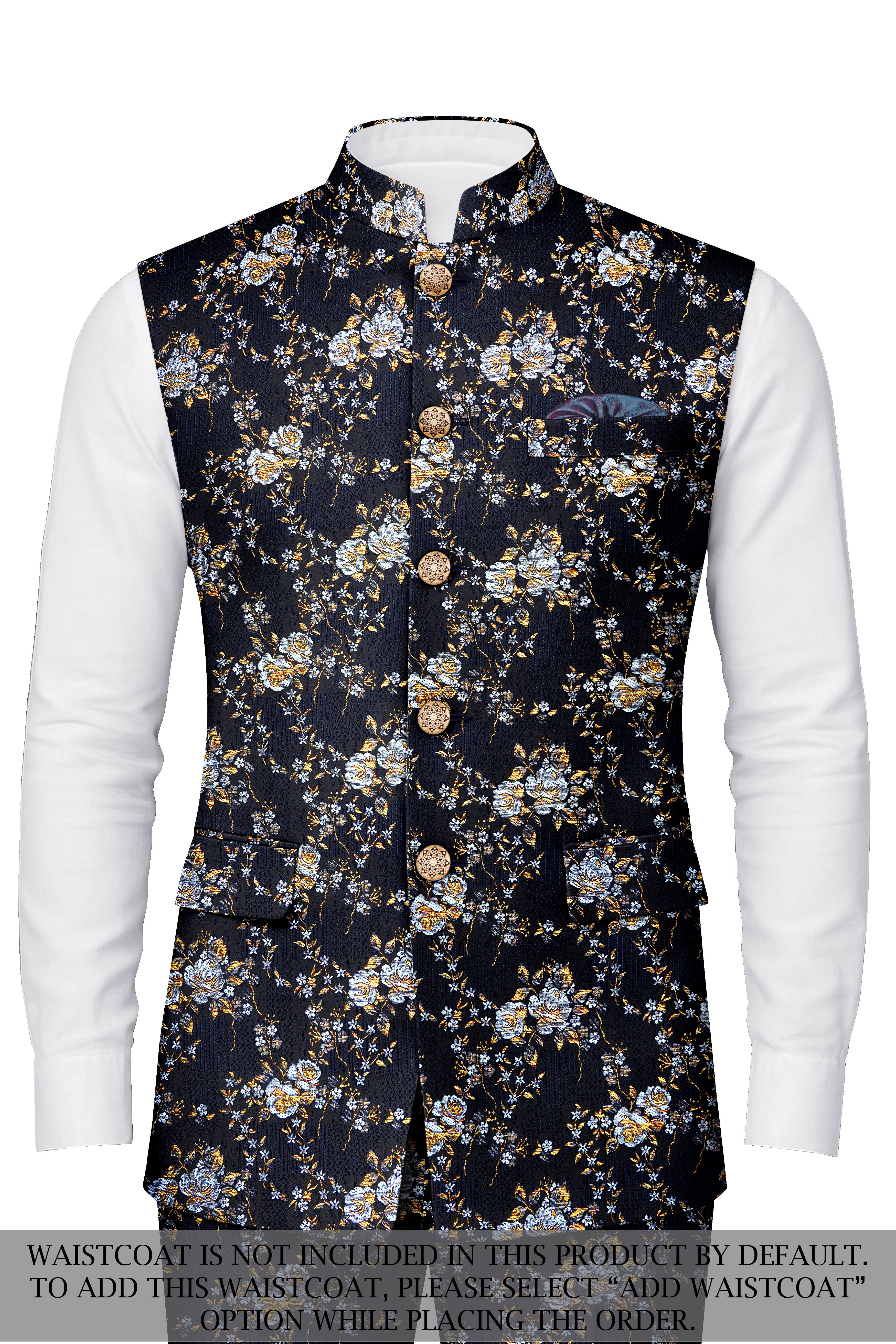 Chambray Blue with White Rose & Lily Textured Cross Placket Bandhgala Designer Suit