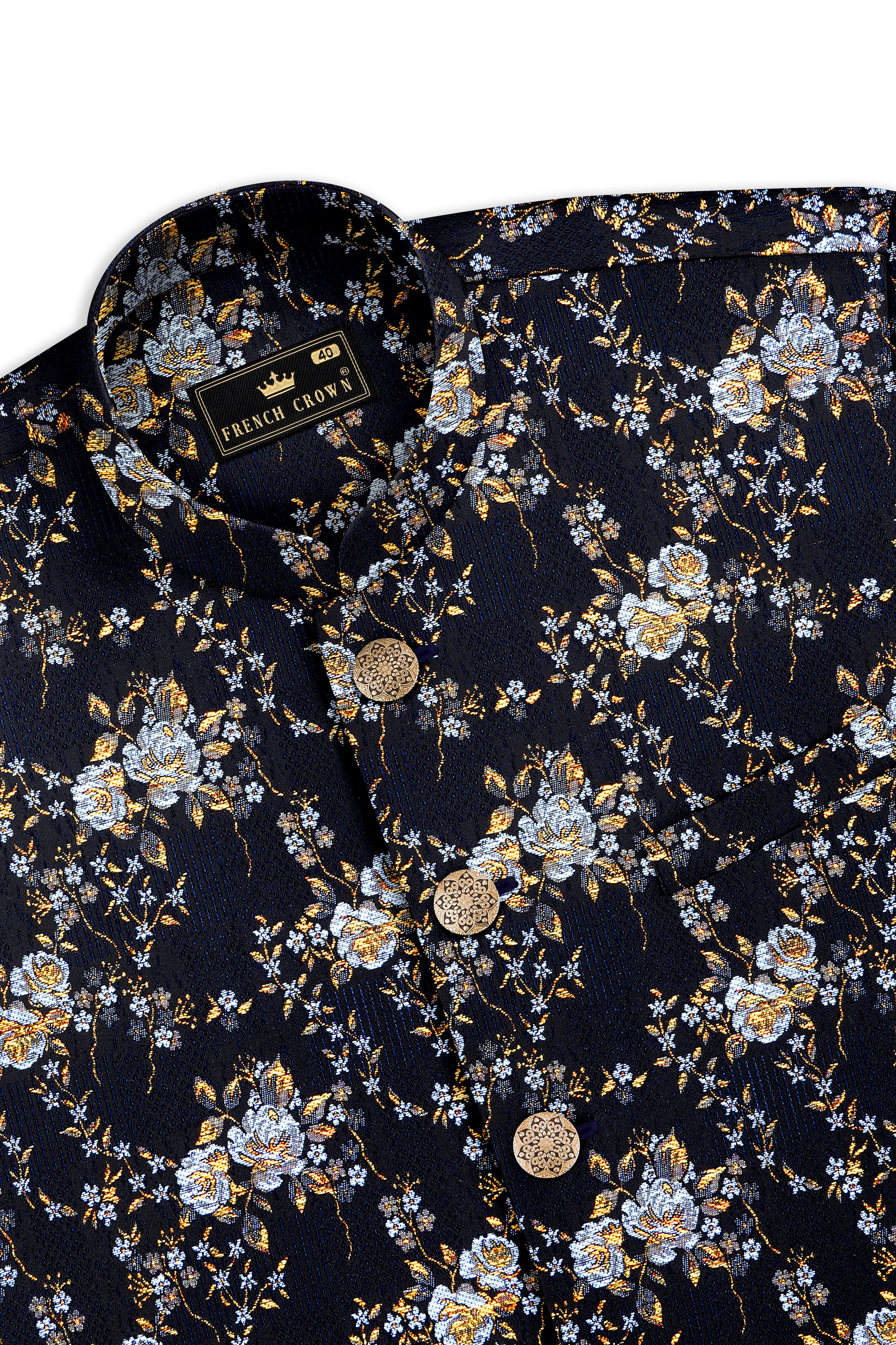 Chambray Blue with White Rose & Lily Textured Cross Placket Bandhgala Designer Suit