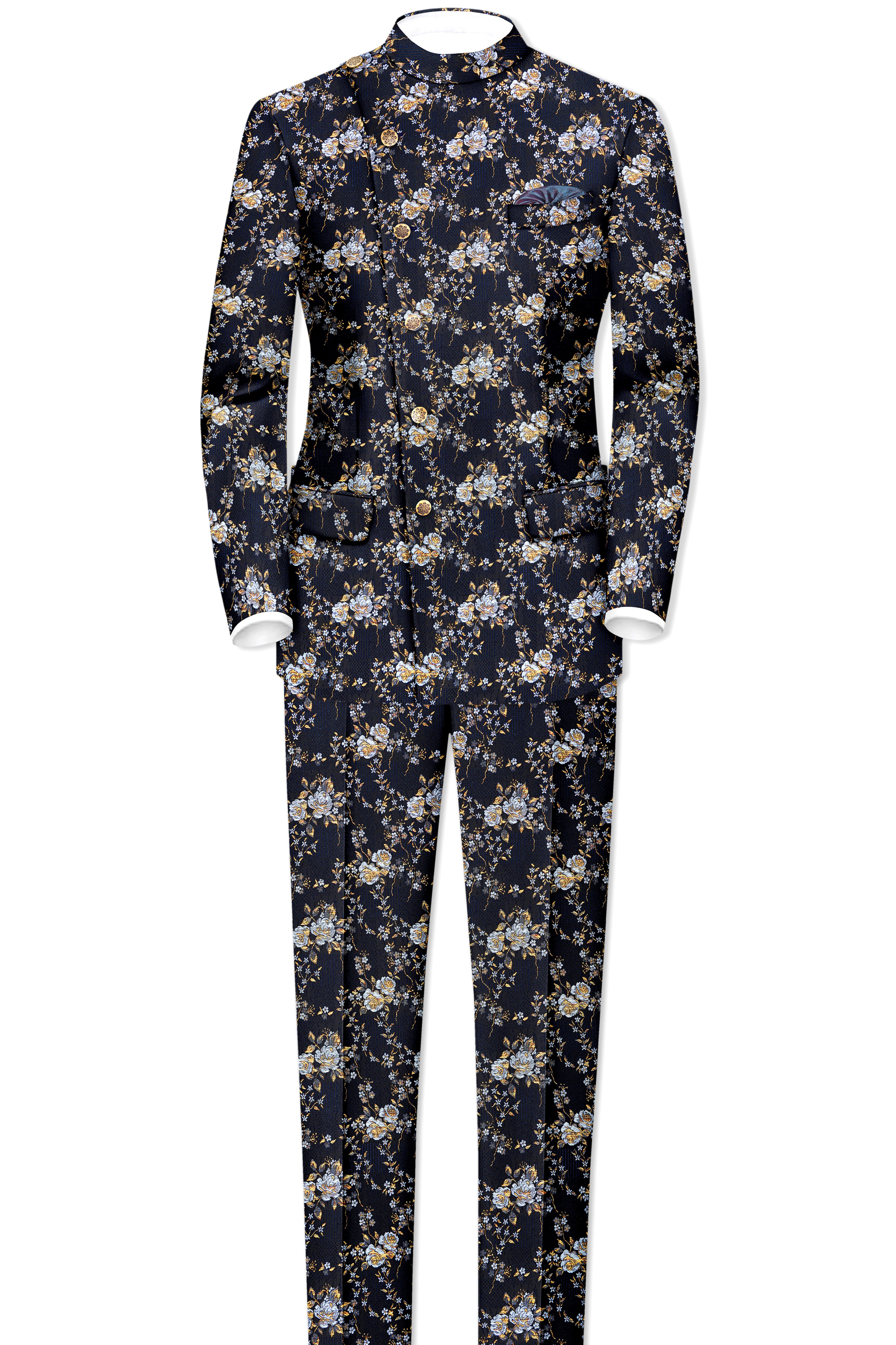 Chambray Blue with White Rose & Lily Textured Cross Placket Bandhgala Designer Suit