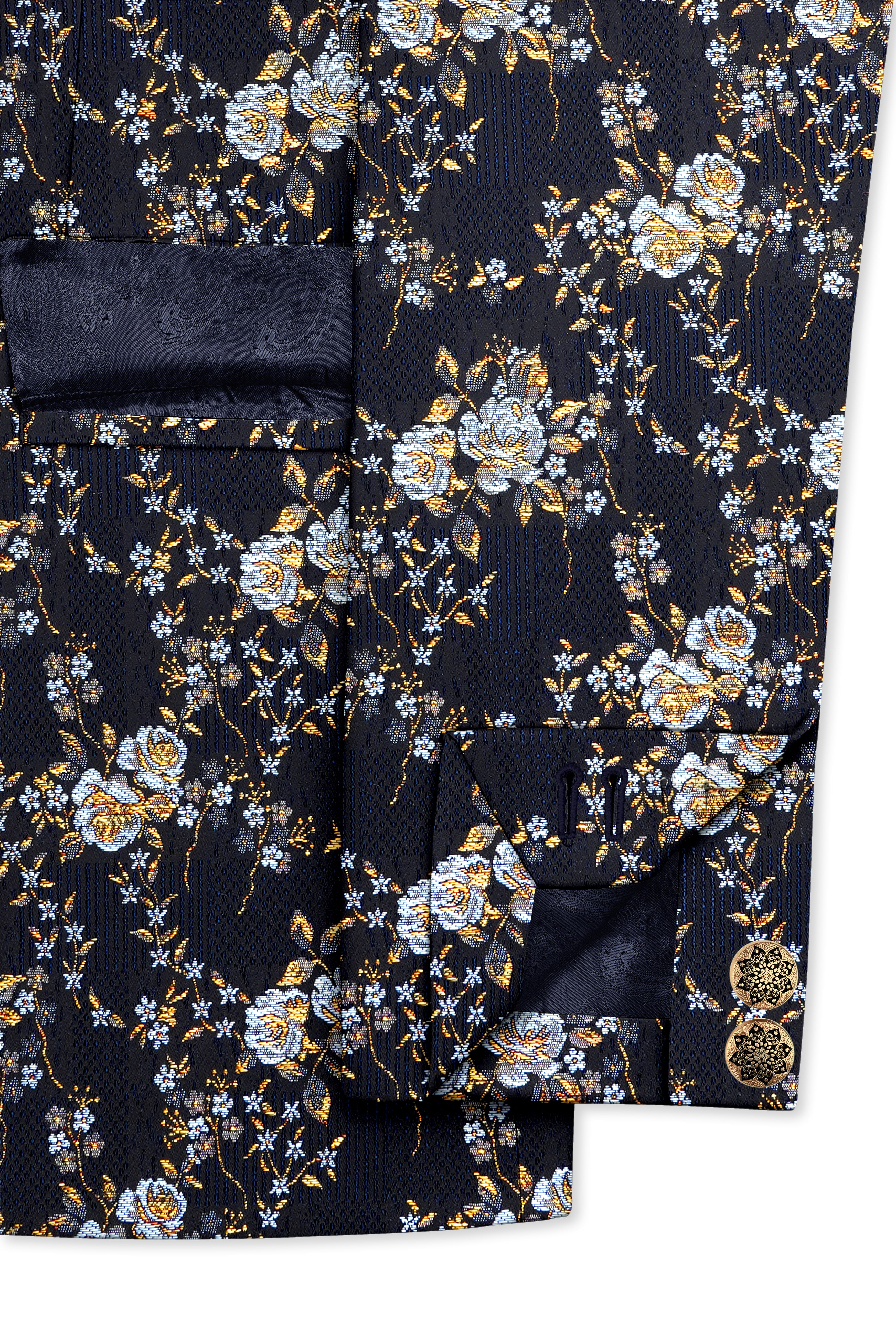 Chambray Blue with White Rose & Lily Textured Cross Placket Bandhgala Designer Suit