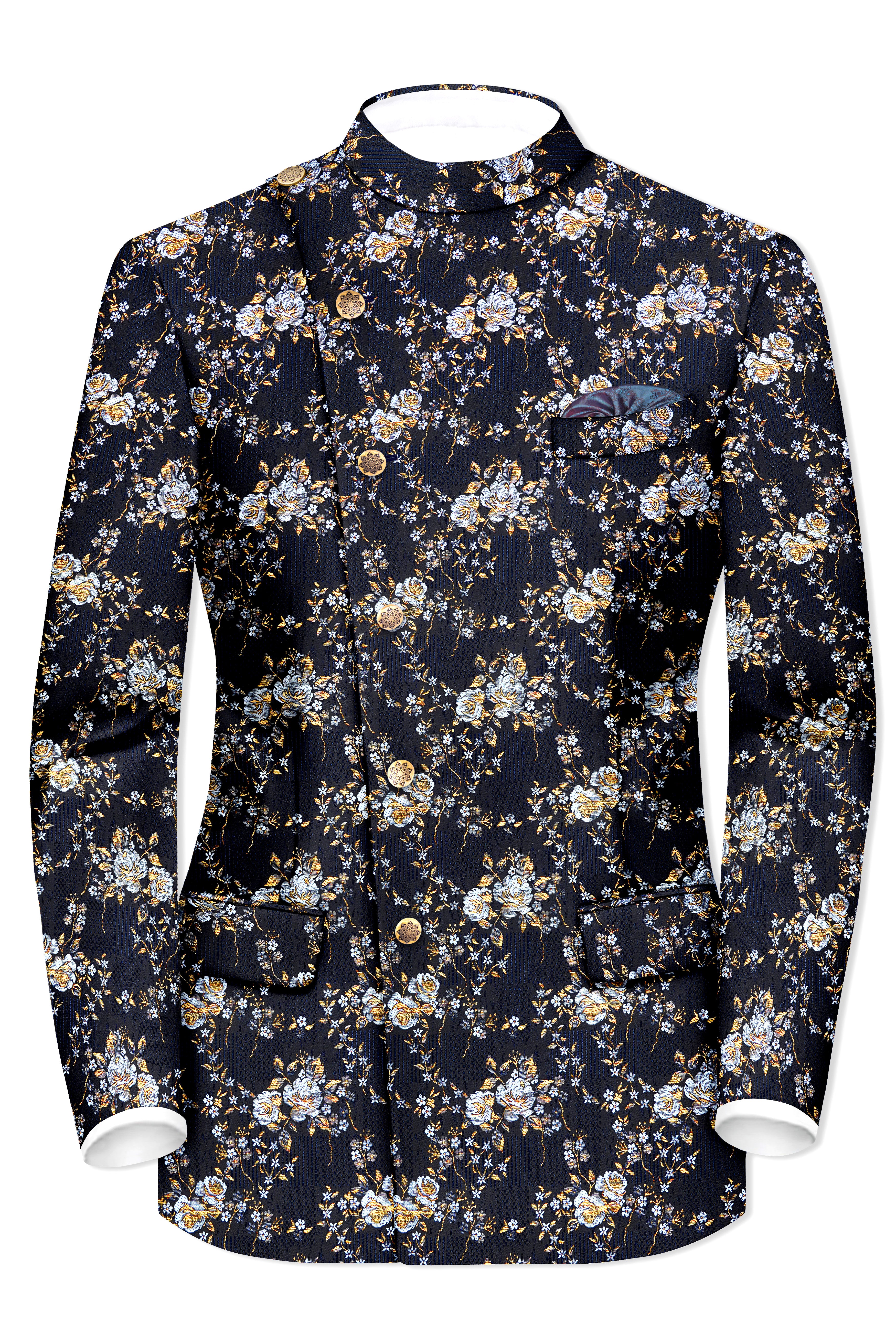 Chambray Blue with White Rose & Lily Textured Cross Placket Bandhgala Designer Suit