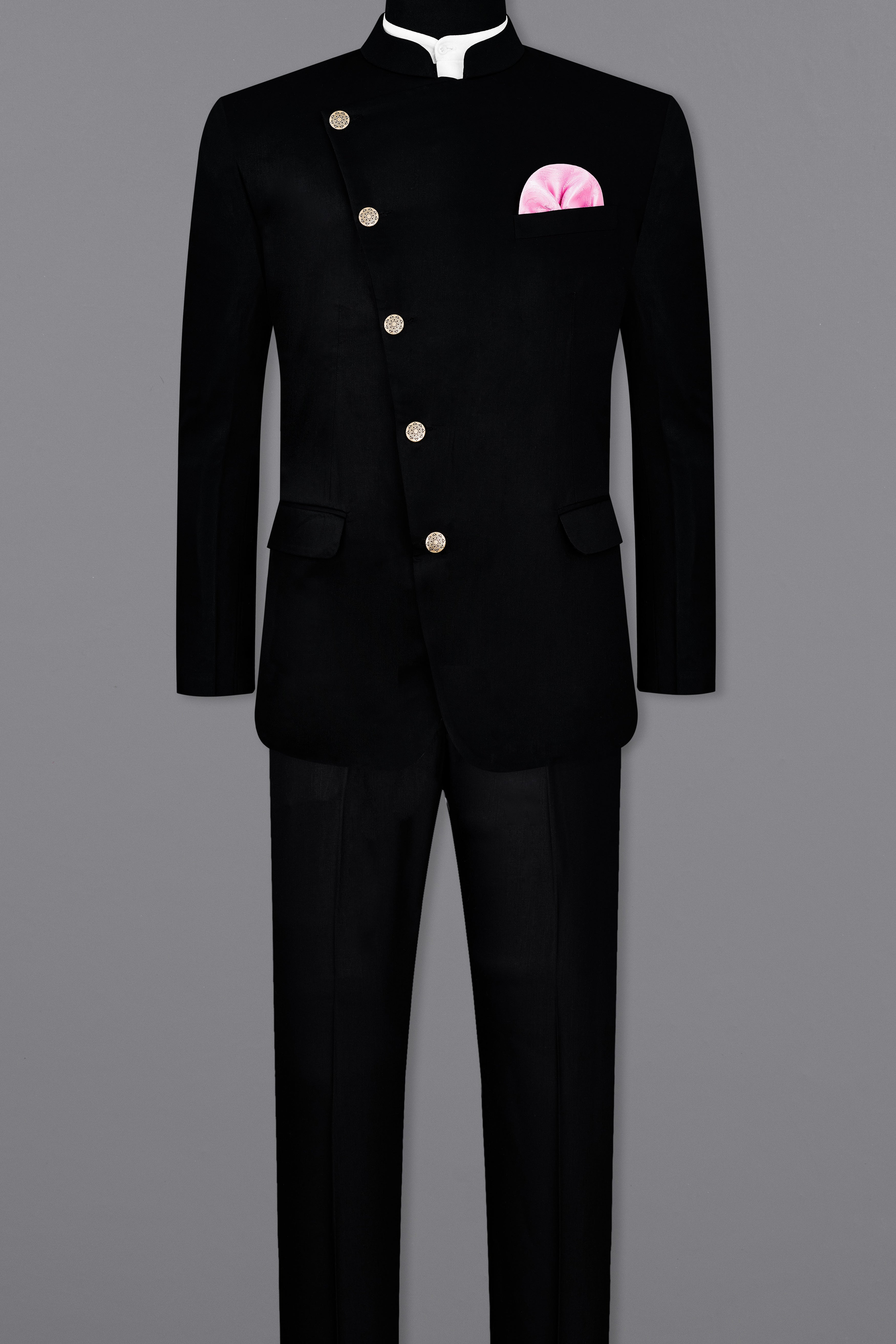 Jade Black Subtle Sheen Cross Placket Bandhgala/Mandarin Suit