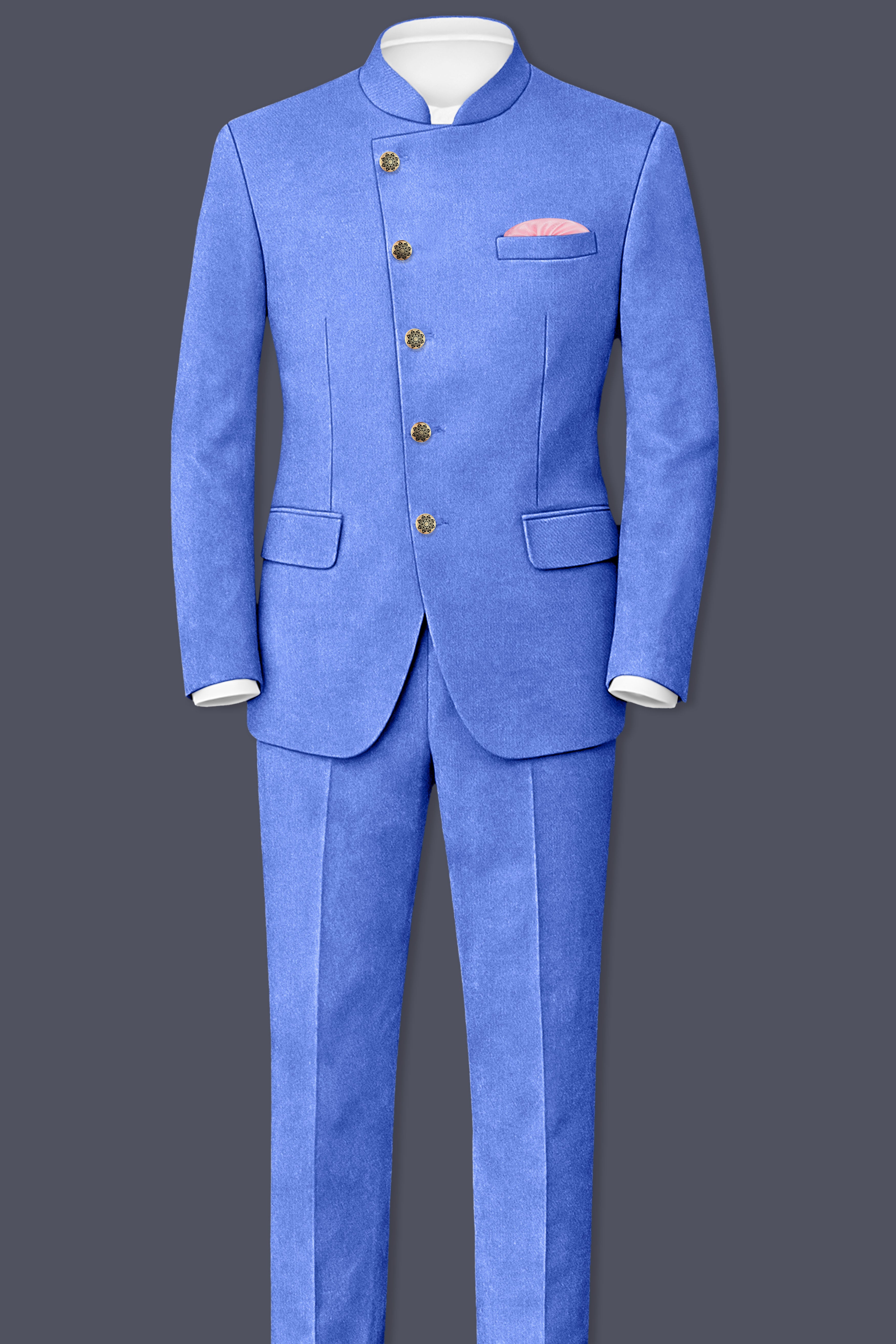 Mariner Blue velvet Cross Placket Bandhgala Designer Suit