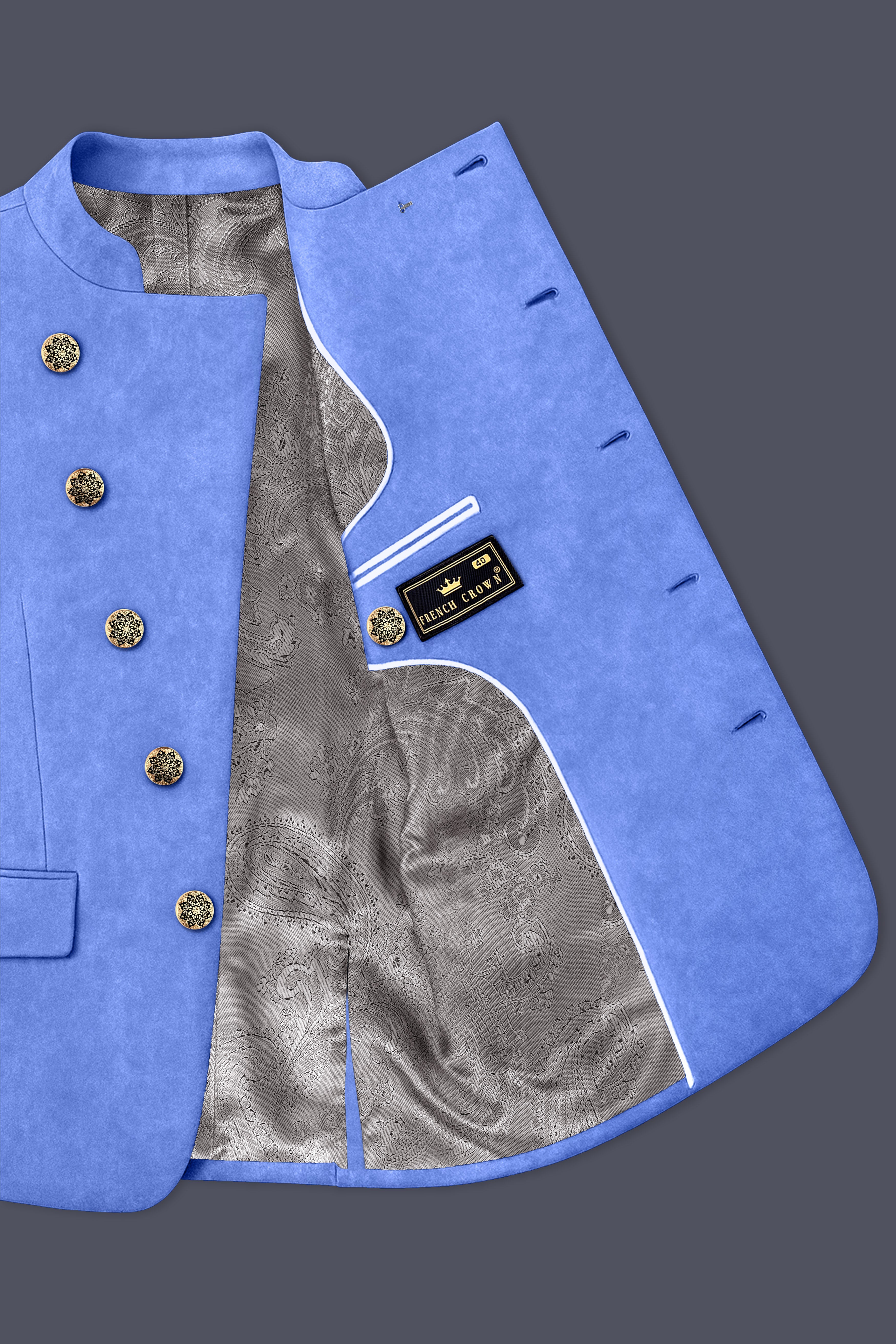 Mariner Blue velvet Cross Placket Bandhgala Designer Suit