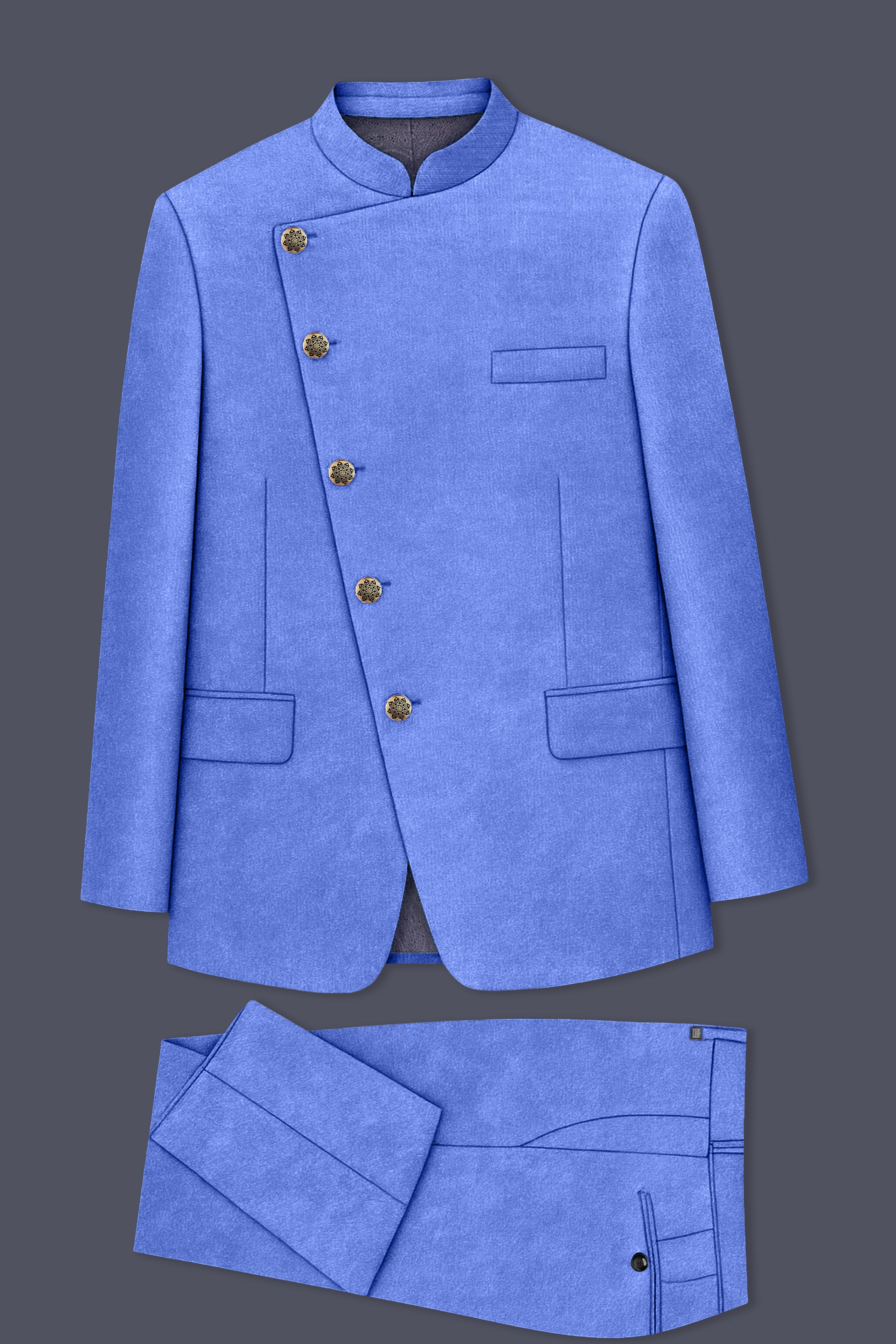 Mariner Blue velvet Cross Placket Bandhgala Designer Suit
