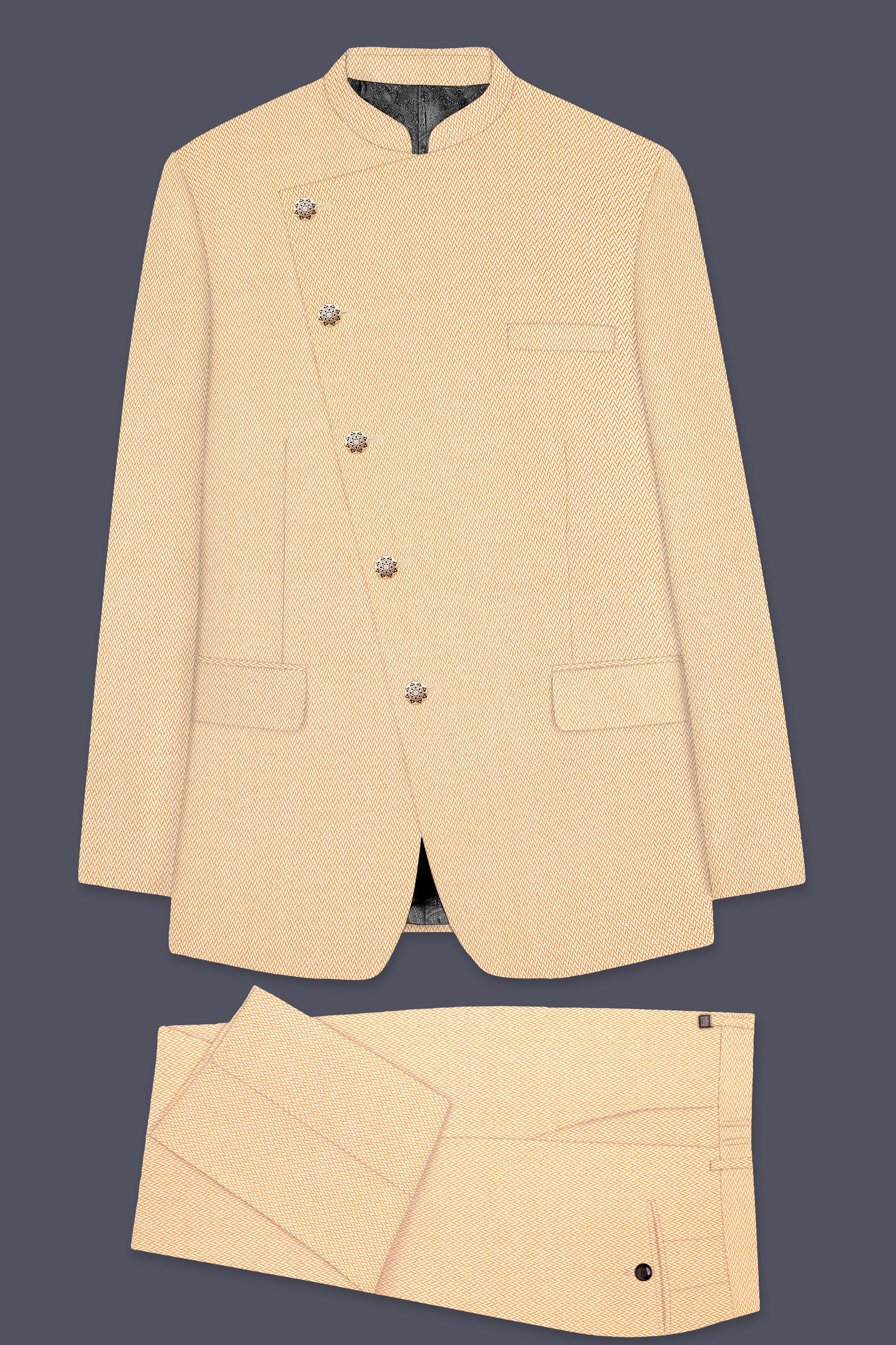 Maize Chevron Textured Cross Placket Bandhgala Designer Suit