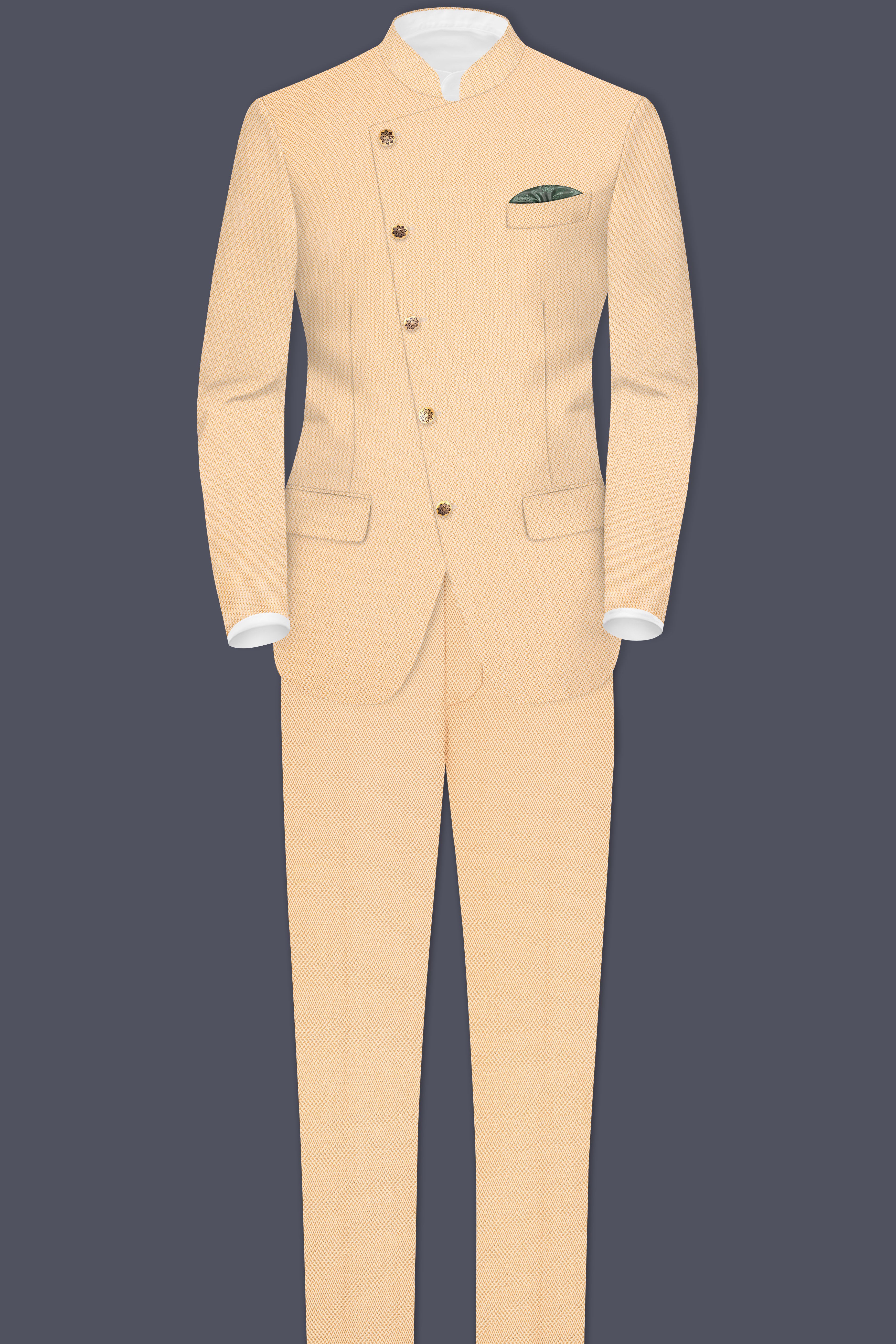 Maize Chevron Textured Cross Placket Bandhgala Designer Suit