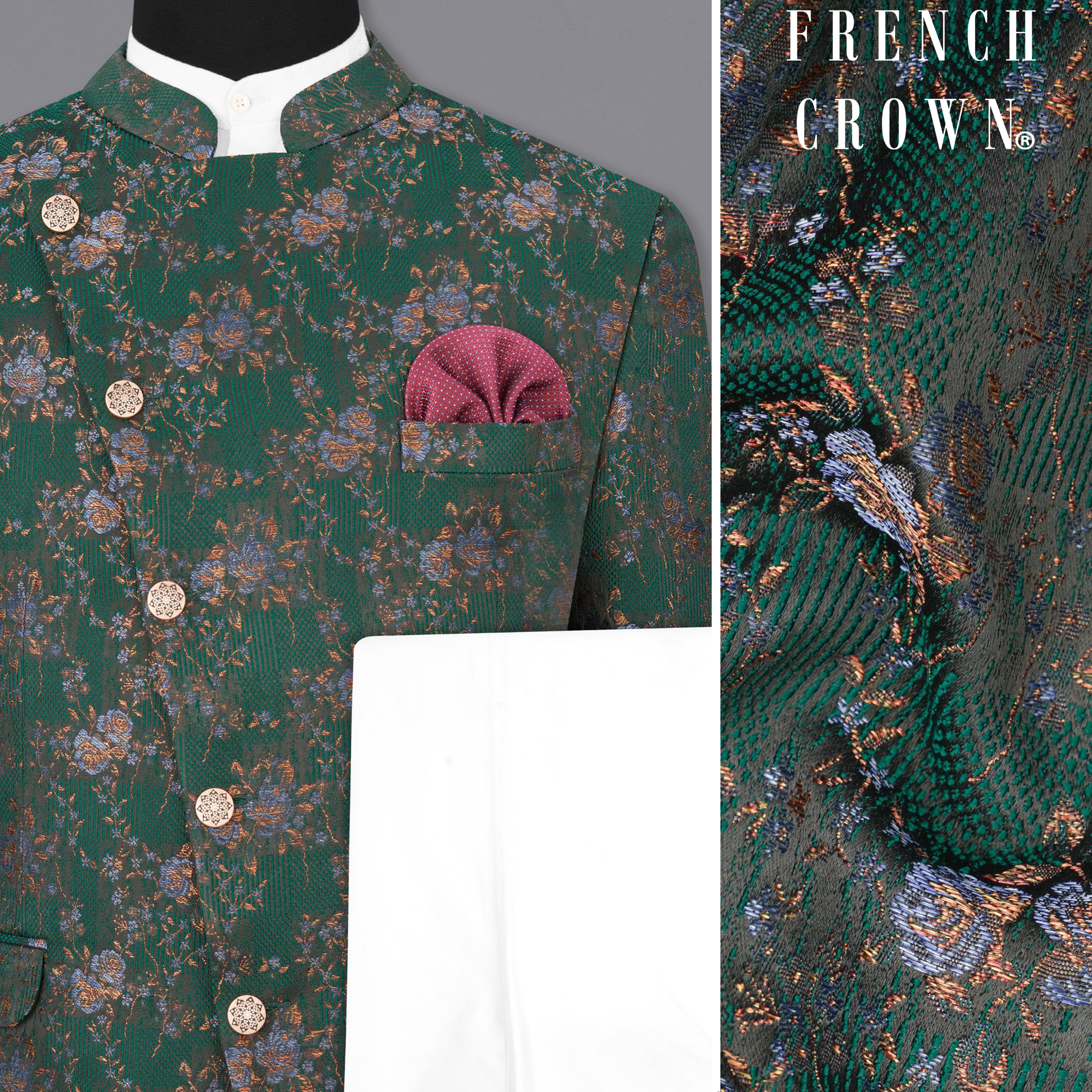 Everglade Green Floral Textured Cross Placket Bandhgala Designer Suit