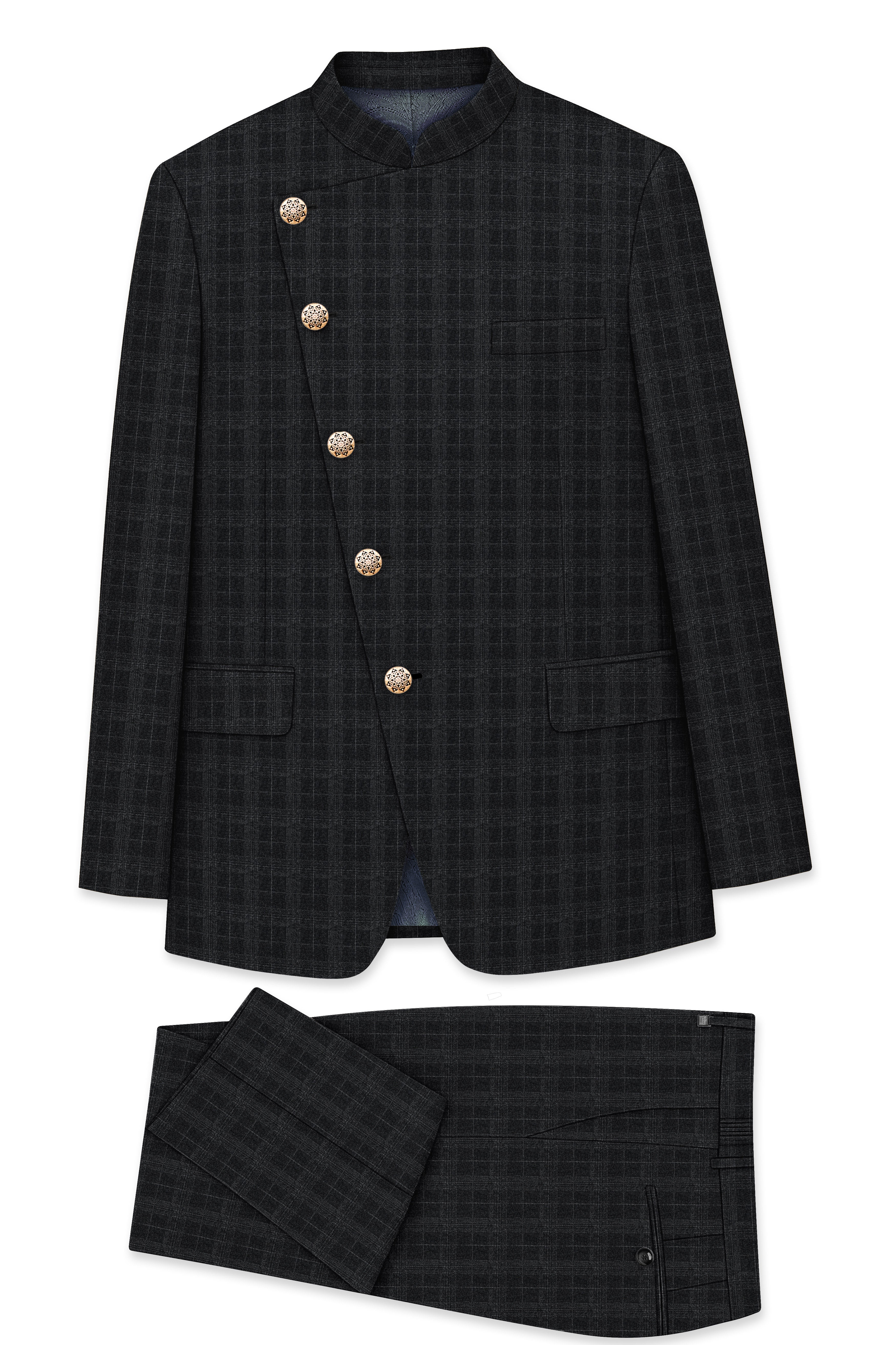 Charcoal Gray Plaid Cross Placket Bandhgala Suit