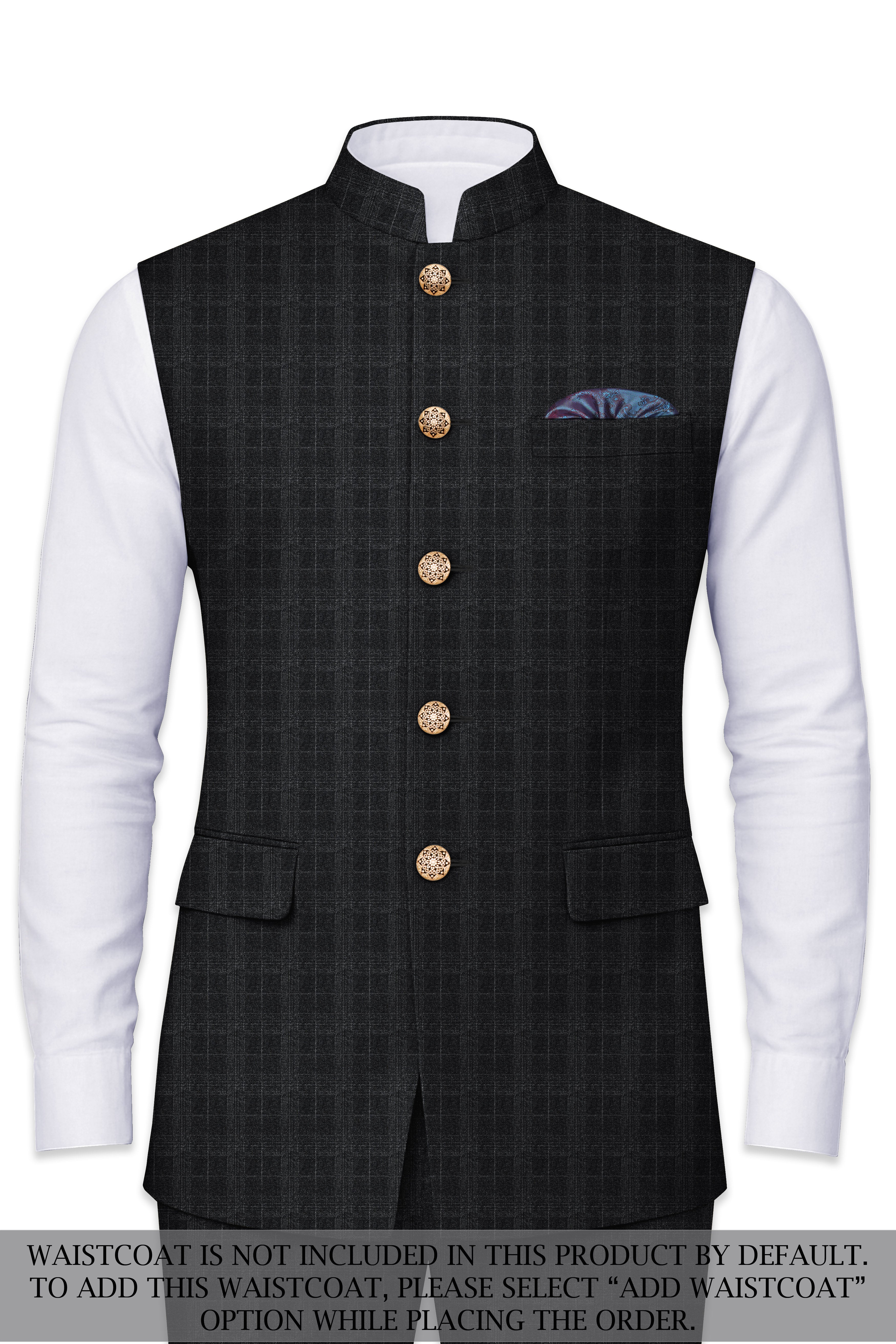 Charcoal Gray Plaid Cross Placket Bandhgala Suit