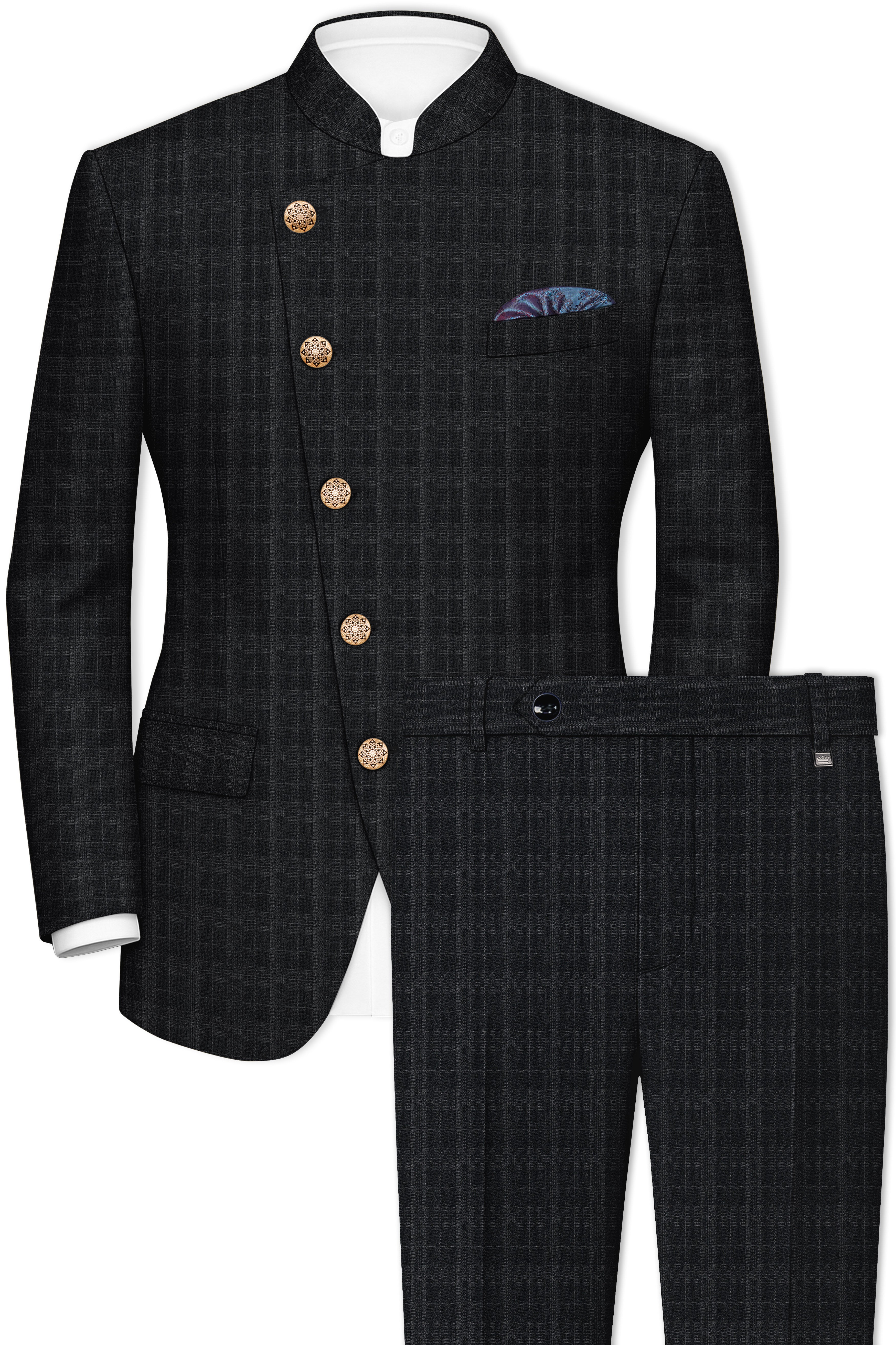 Charcoal Gray Plaid Cross Placket Bandhgala Suit