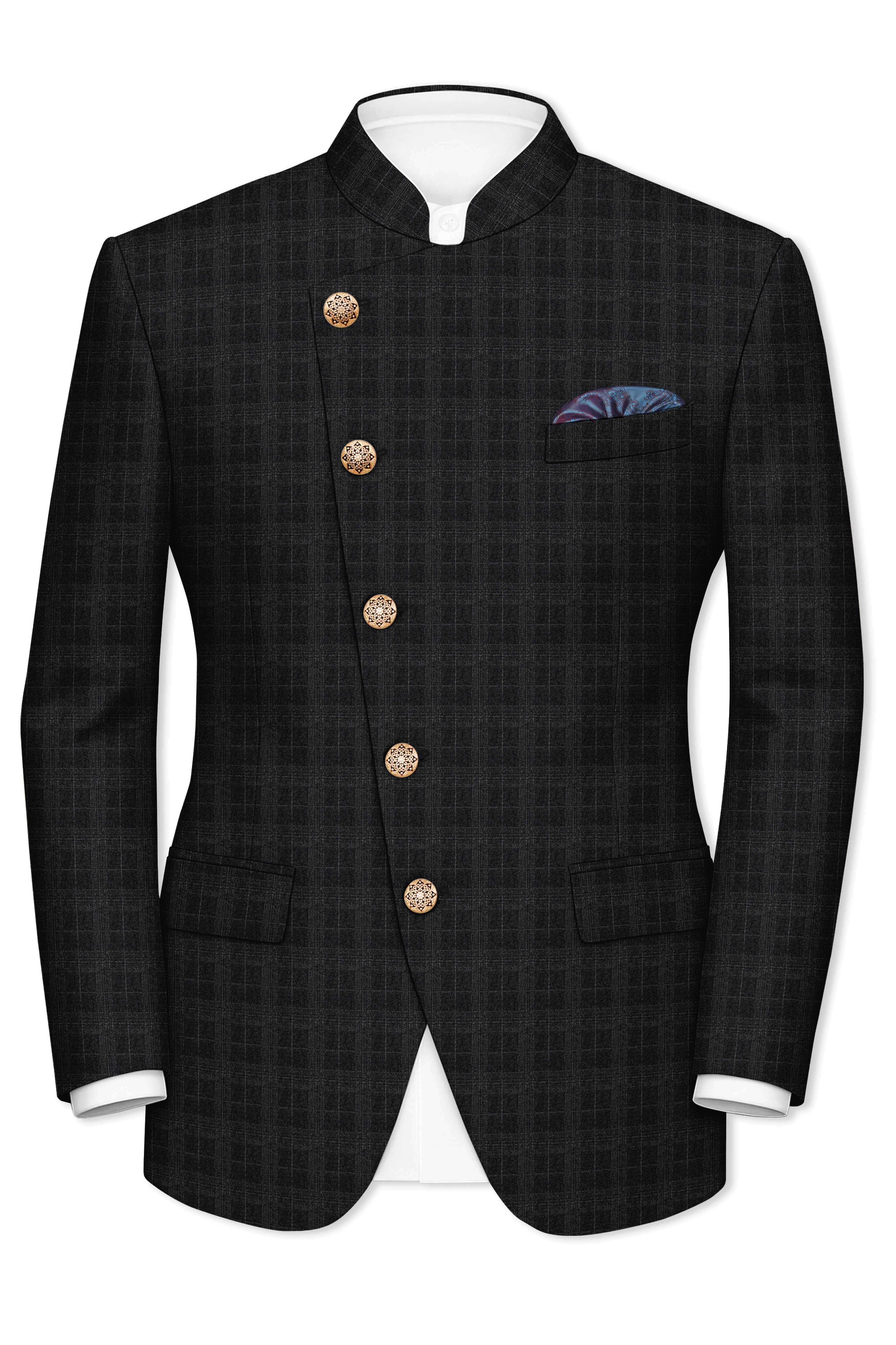 Charcoal Gray Plaid Cross Placket Bandhgala Suit