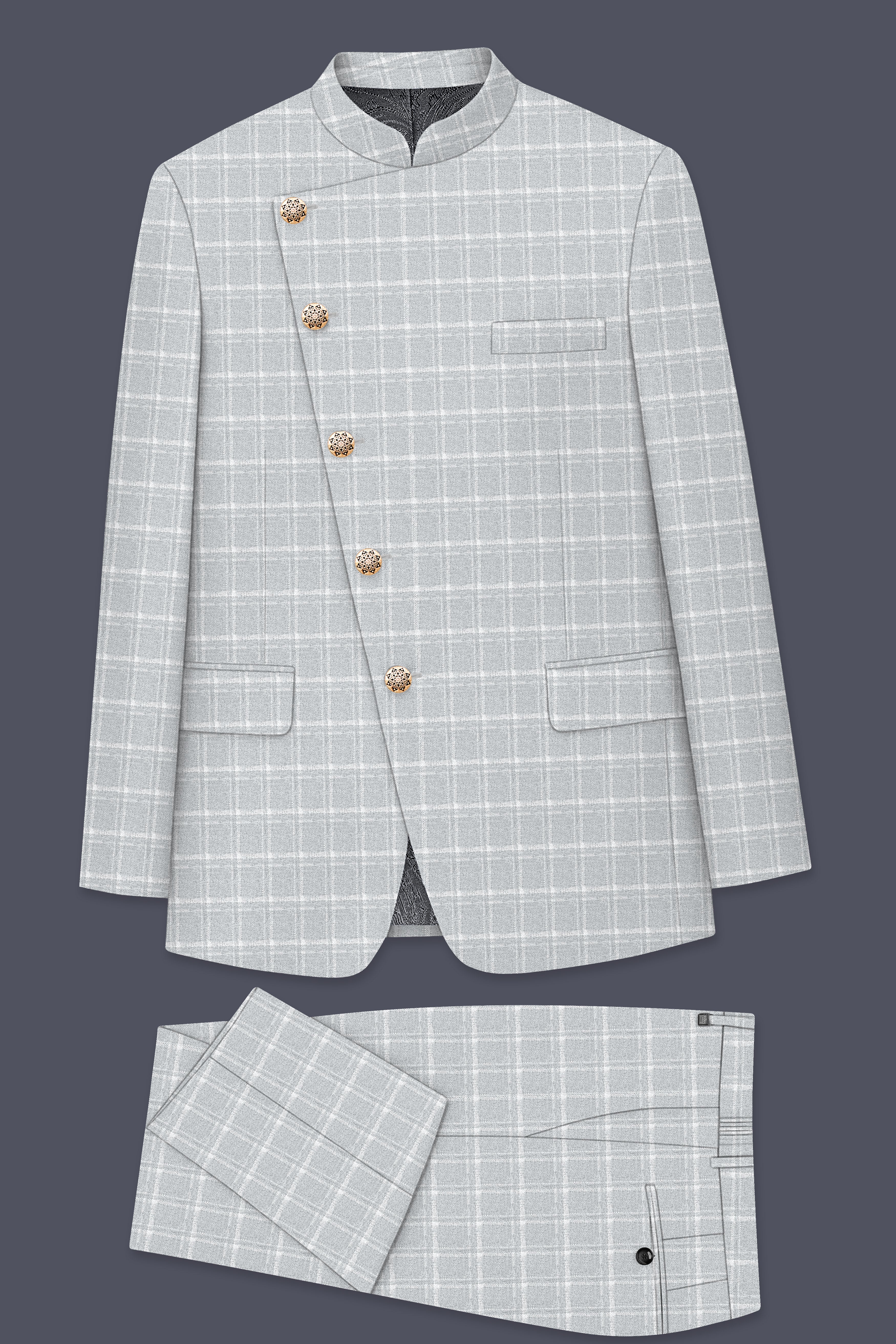 Bronco Light Gray Plaid Cross Placket Bandhgala Suit