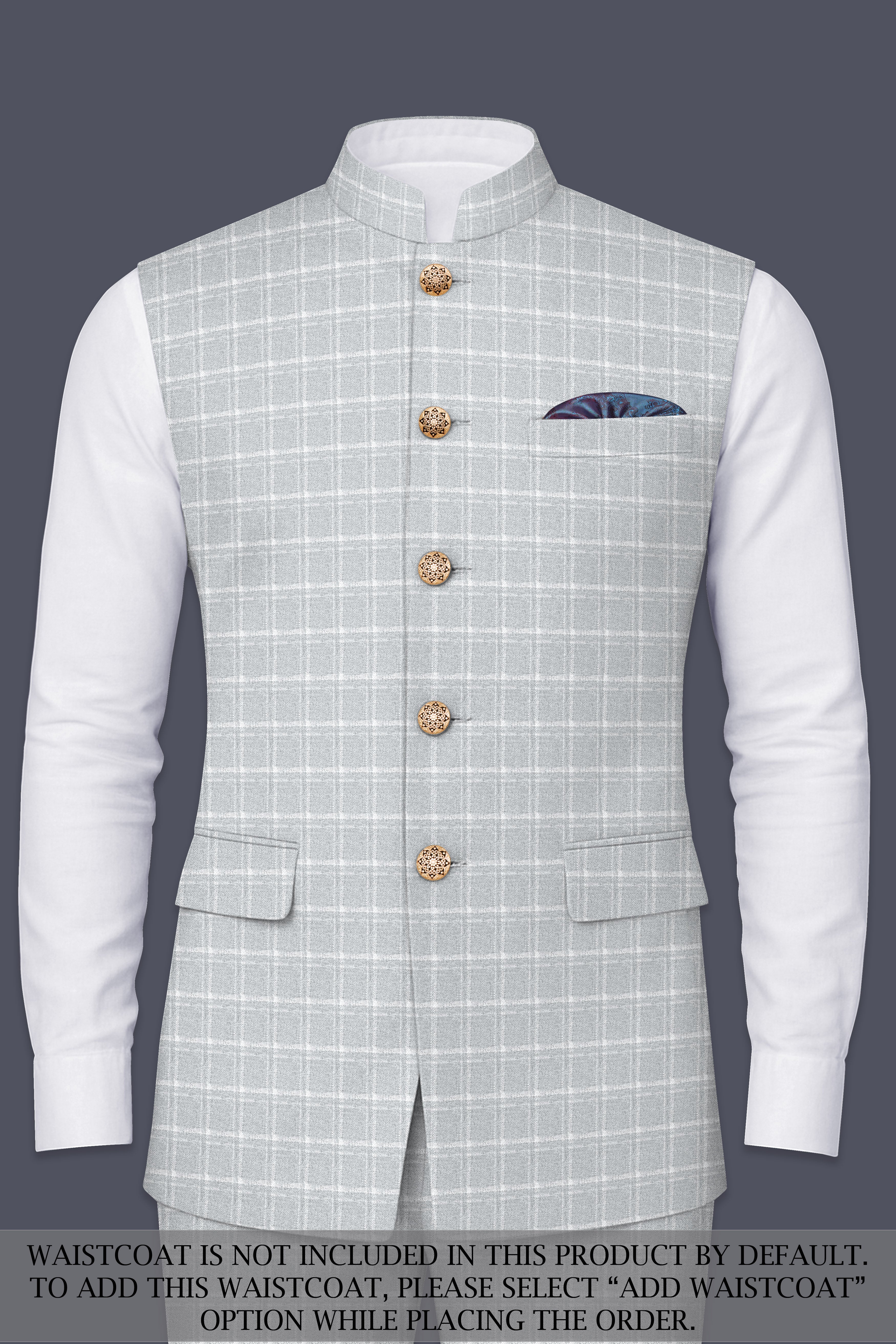 Bronco Light Gray Plaid Cross Placket Bandhgala Suit