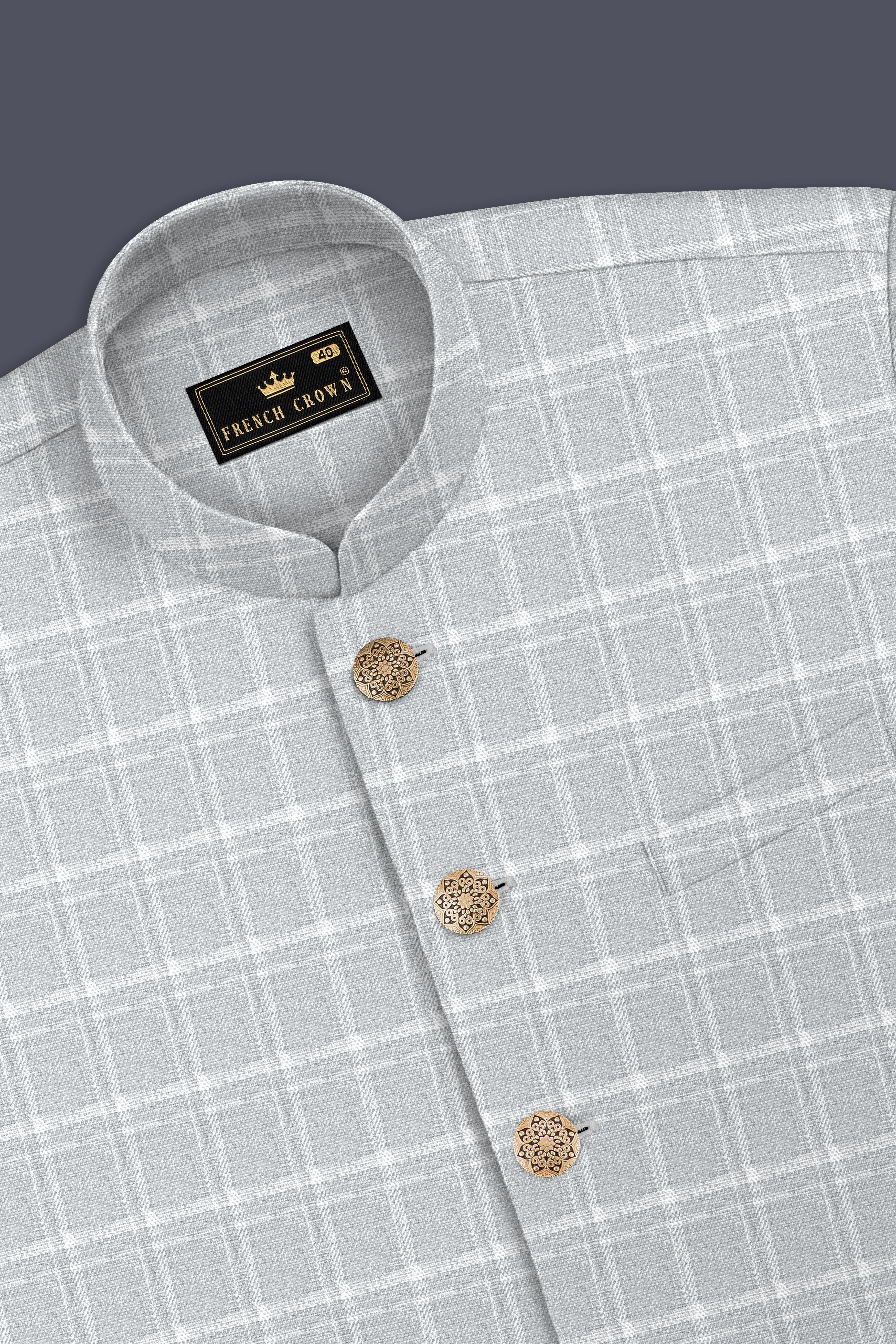 Bronco Light Gray Plaid Cross Placket Bandhgala Suit