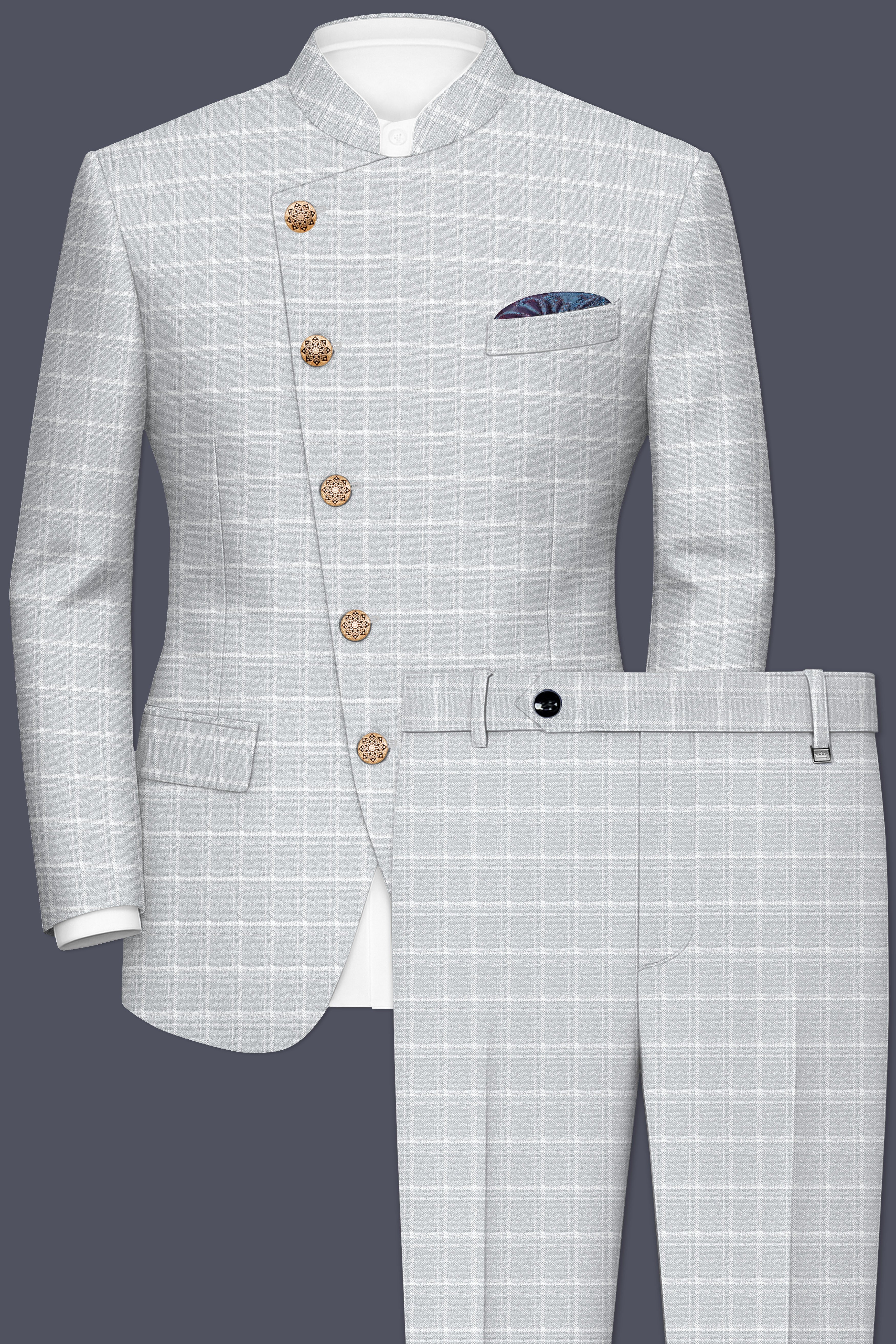 Bronco Light Gray Plaid Cross Placket Bandhgala Suit