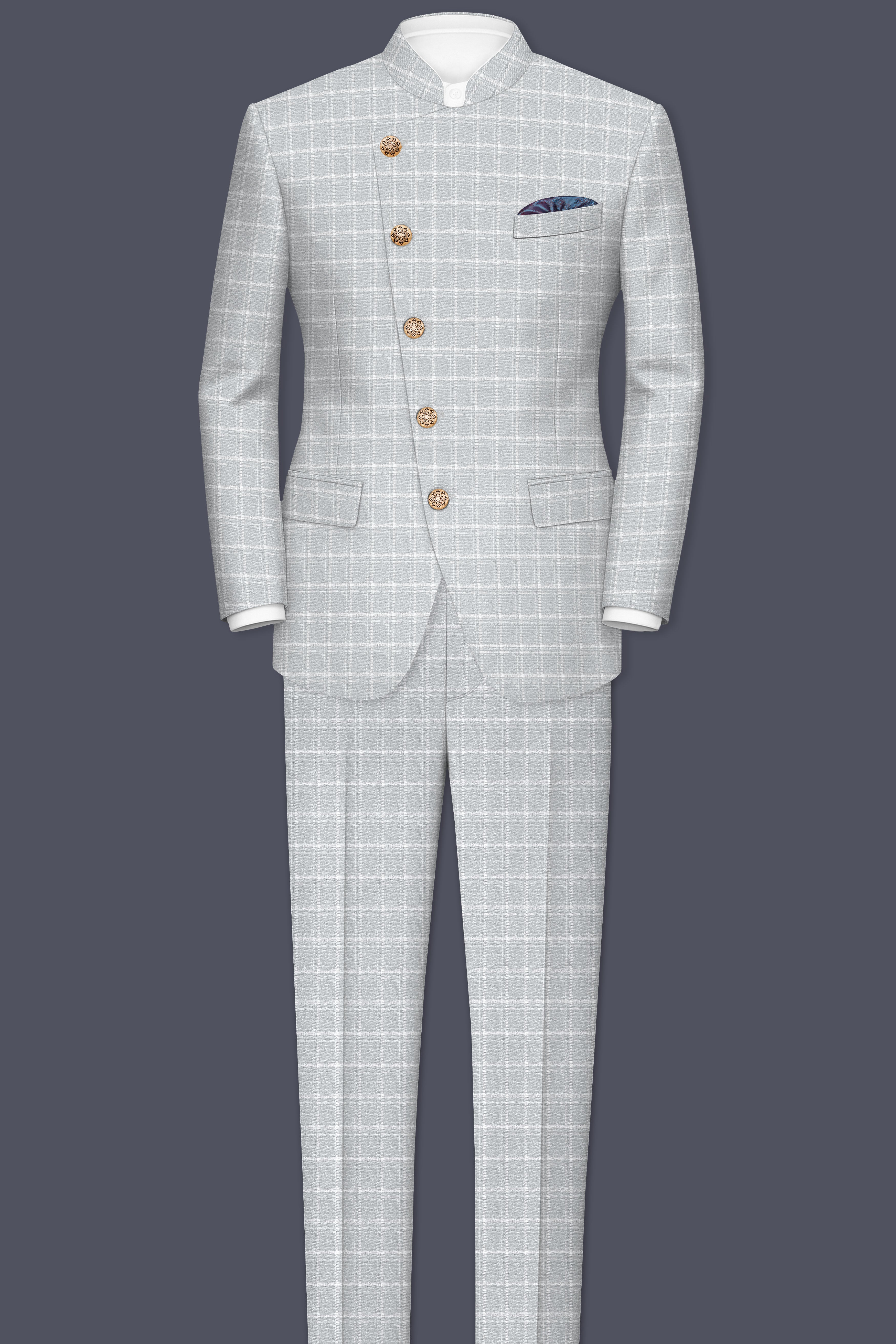 Bronco Light Gray Plaid Cross Placket Bandhgala Suit