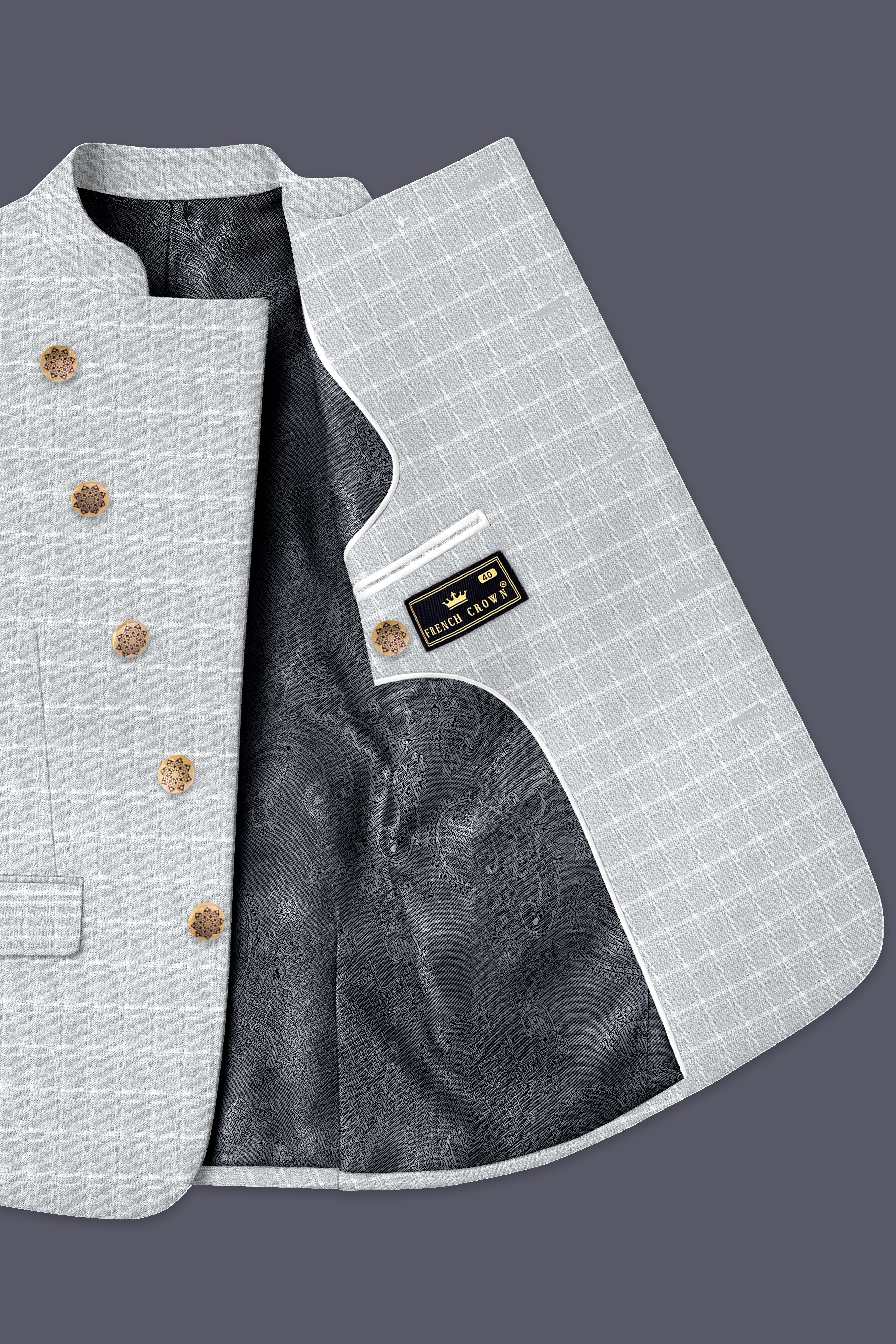 Bronco Light Gray Plaid Cross Placket Bandhgala Suit