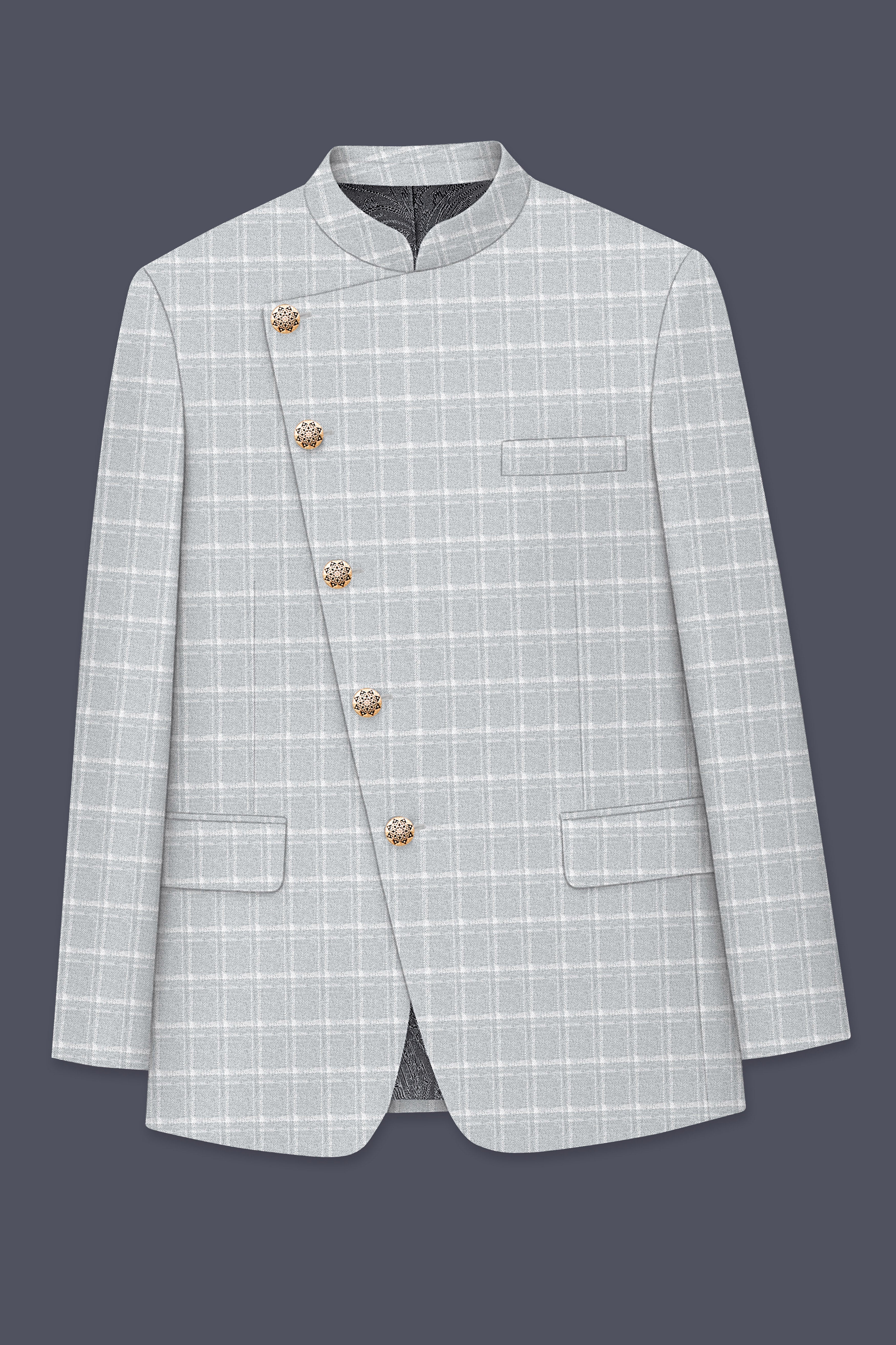 Bronco Light Gray Plaid Cross Placket Bandhgala Suit