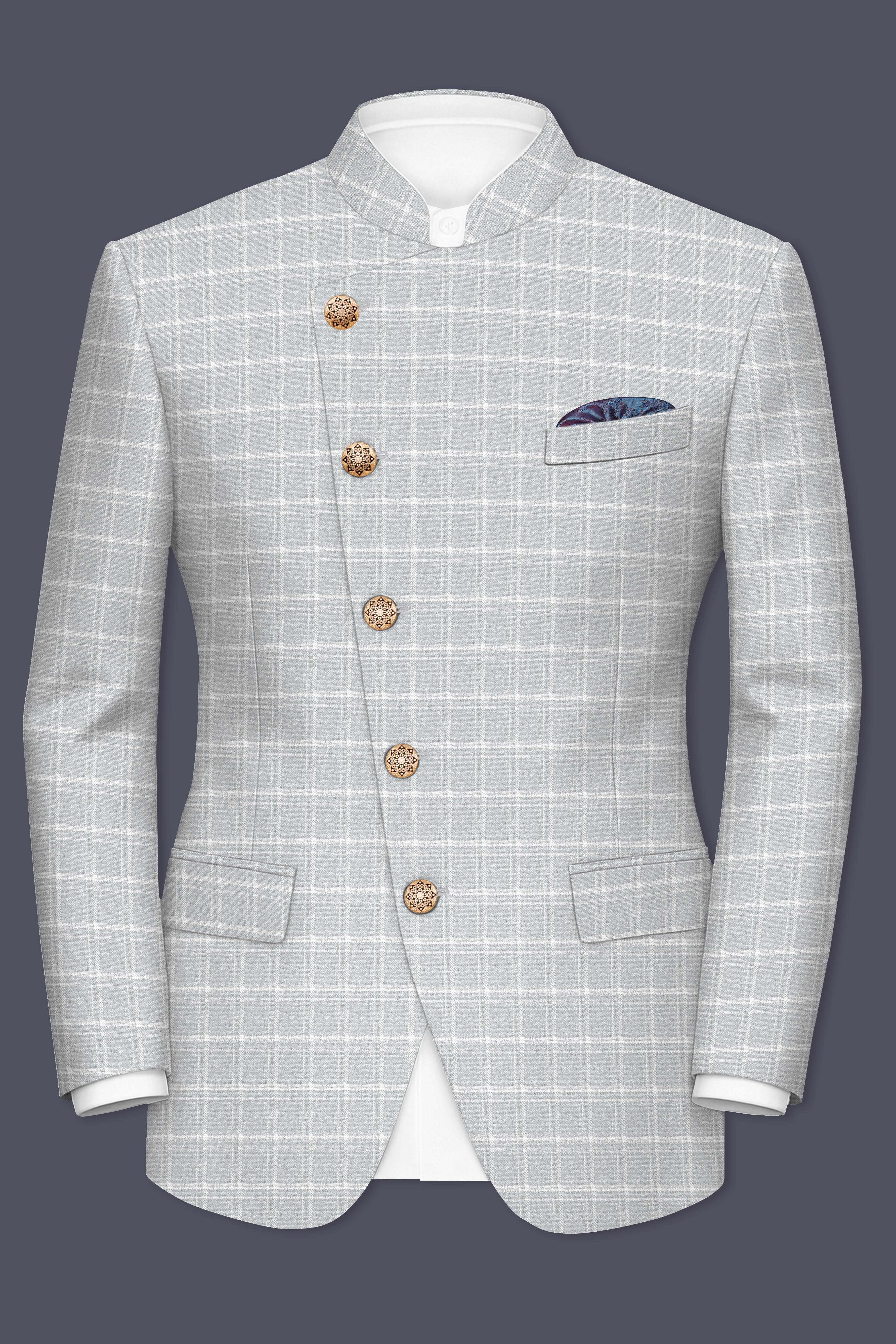Bronco Light Gray Plaid Cross Placket Bandhgala Suit