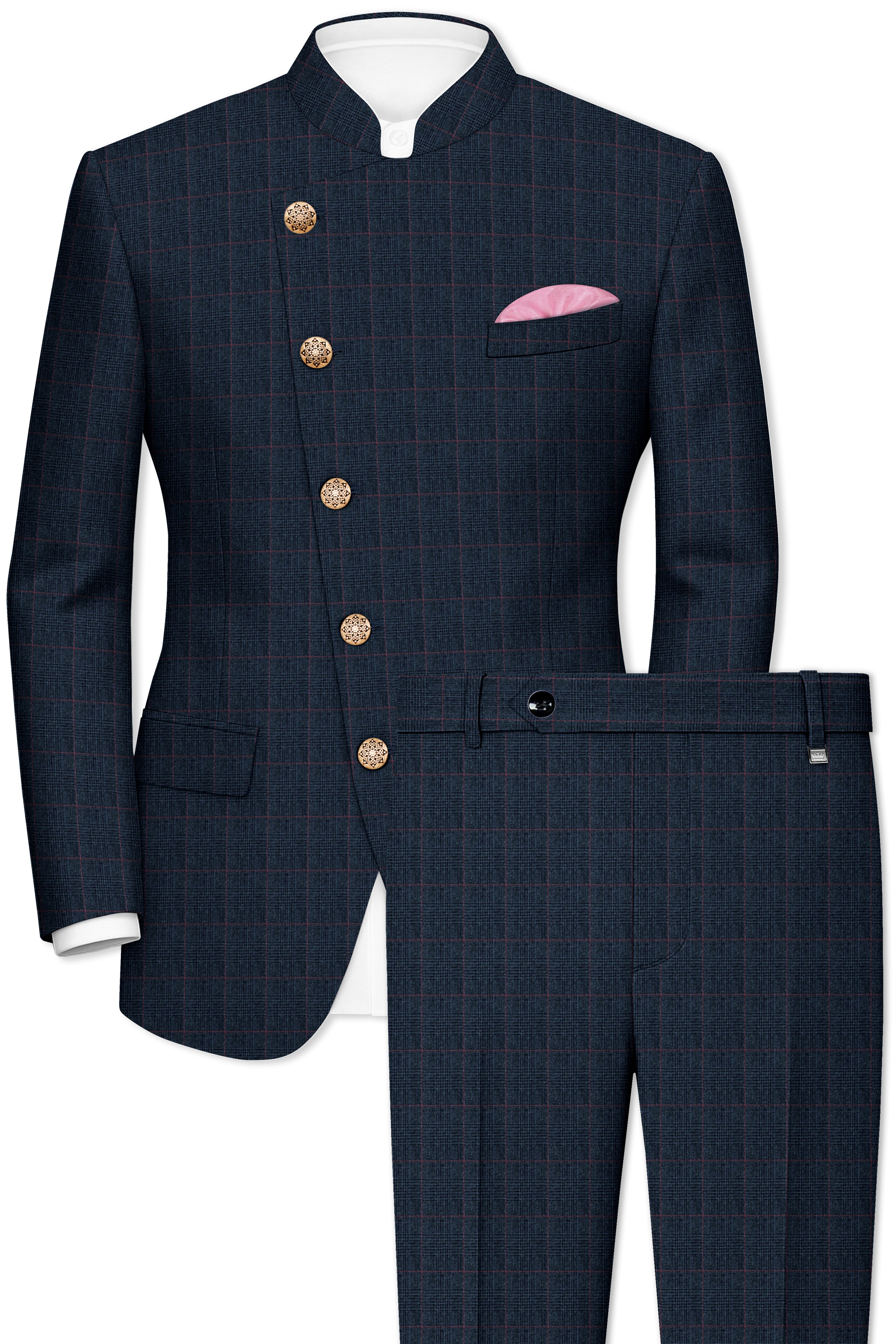 Ebony Subtle Plaid Cross Placket Bandhgala Suit