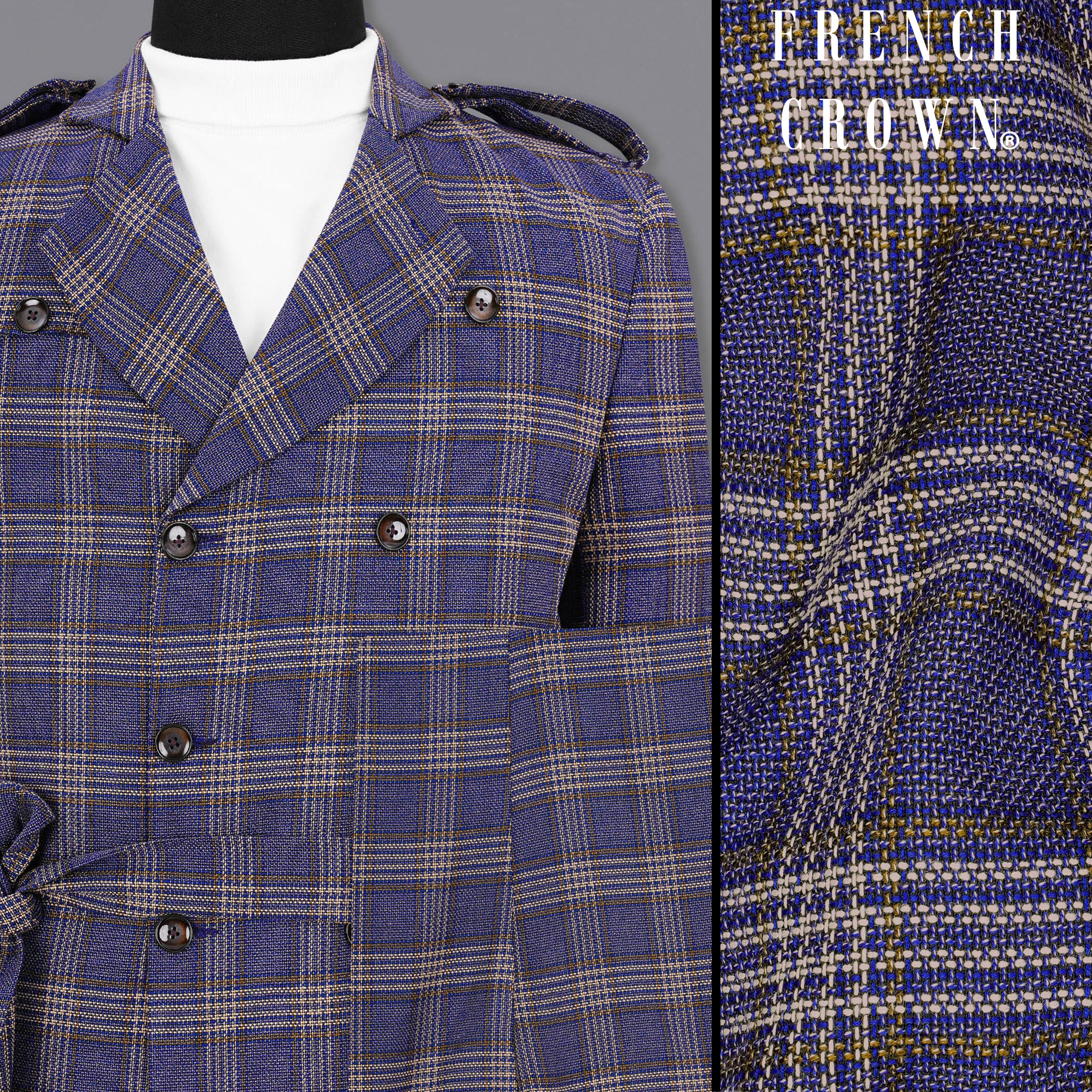 Meteorite Navy Blue with Tide Brown Plaid Double Breasted Designer Suit