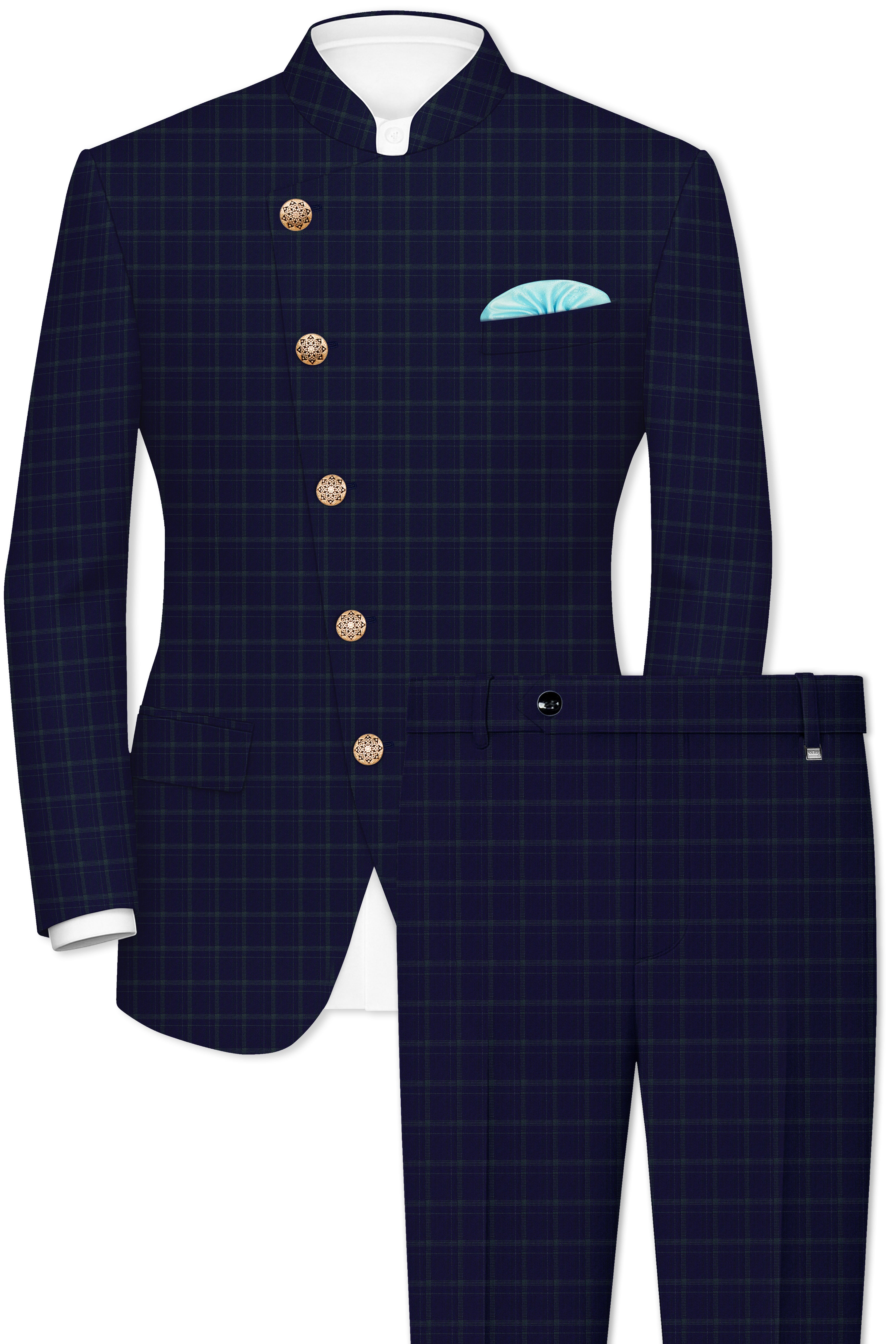 Mulled Wine Blue With Casper Gray Checkered Cross Placket Bandhgala Suit