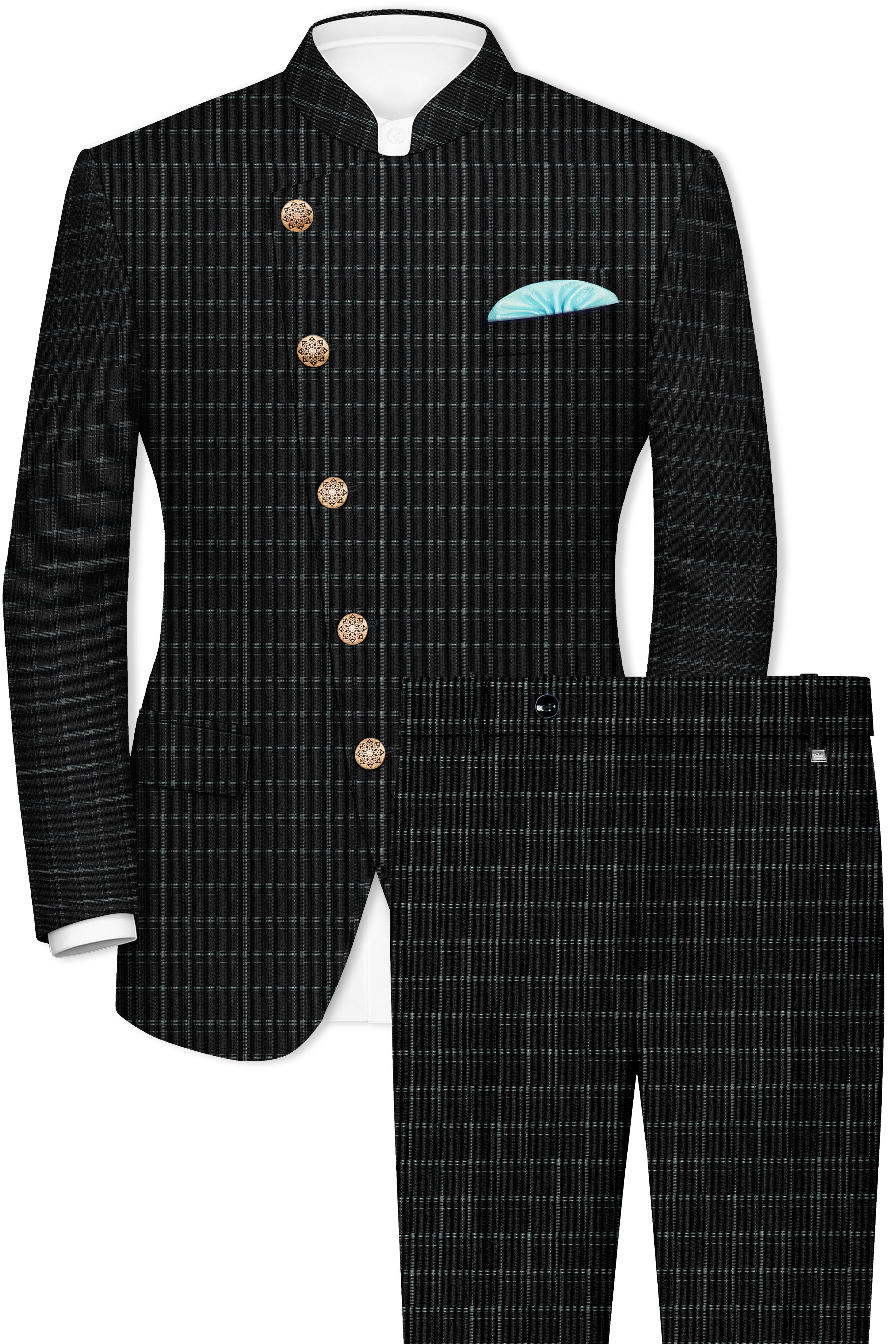 Cape God Gray windowpane Cross Bandhgala Suit