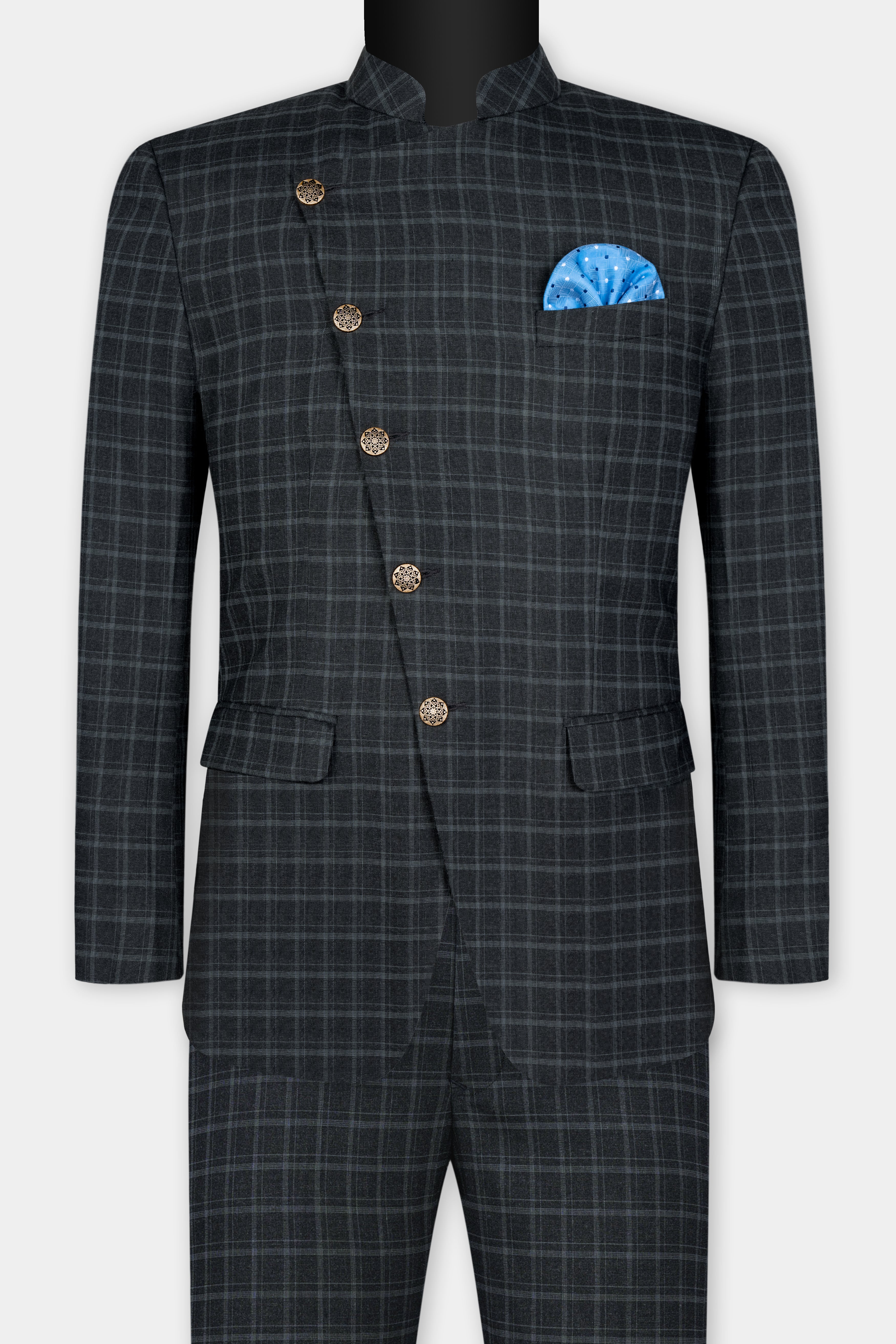 Cape God Gray windowpane Cross Bandhgala Suit