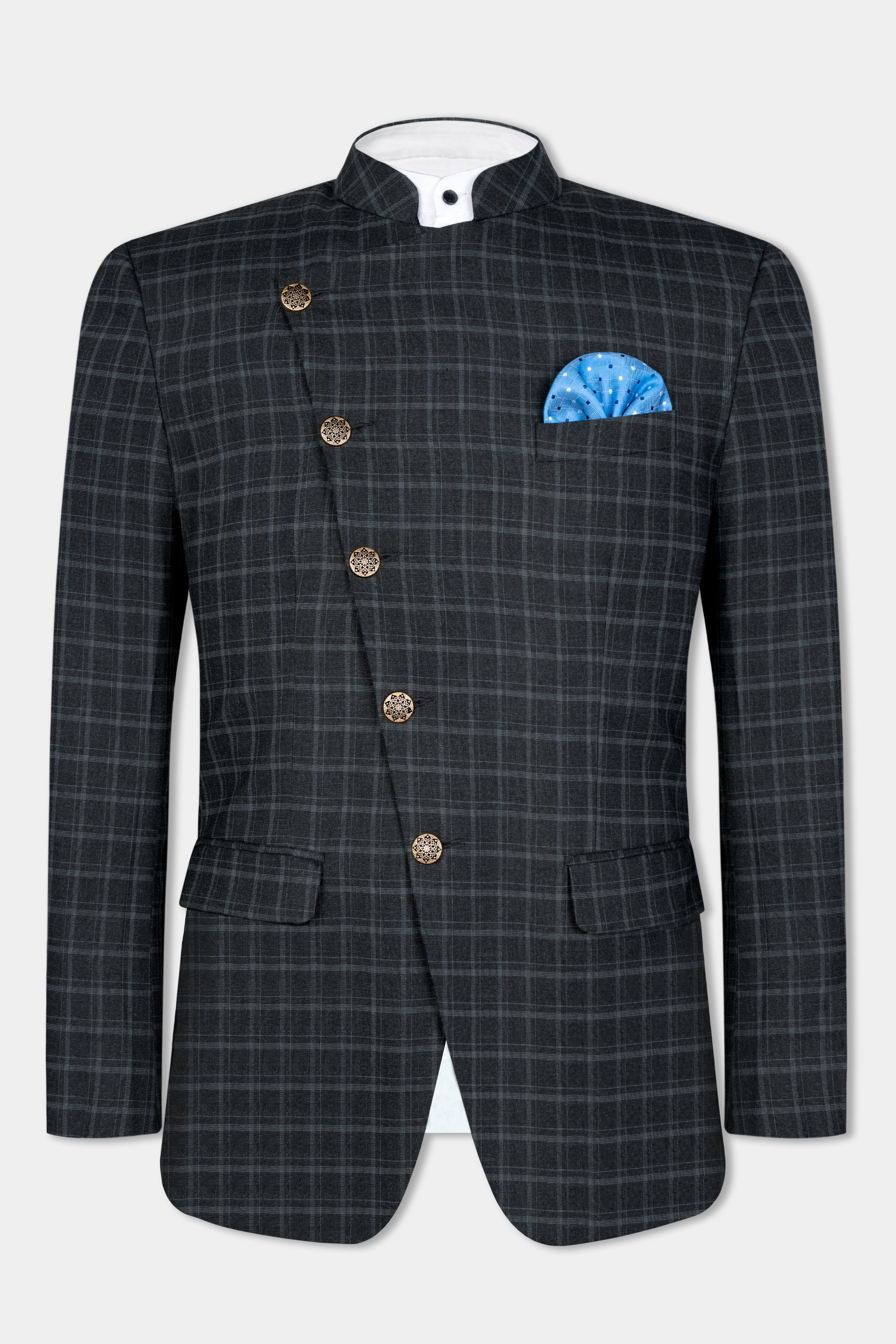 Cape God Gray windowpane Cross Bandhgala Suit