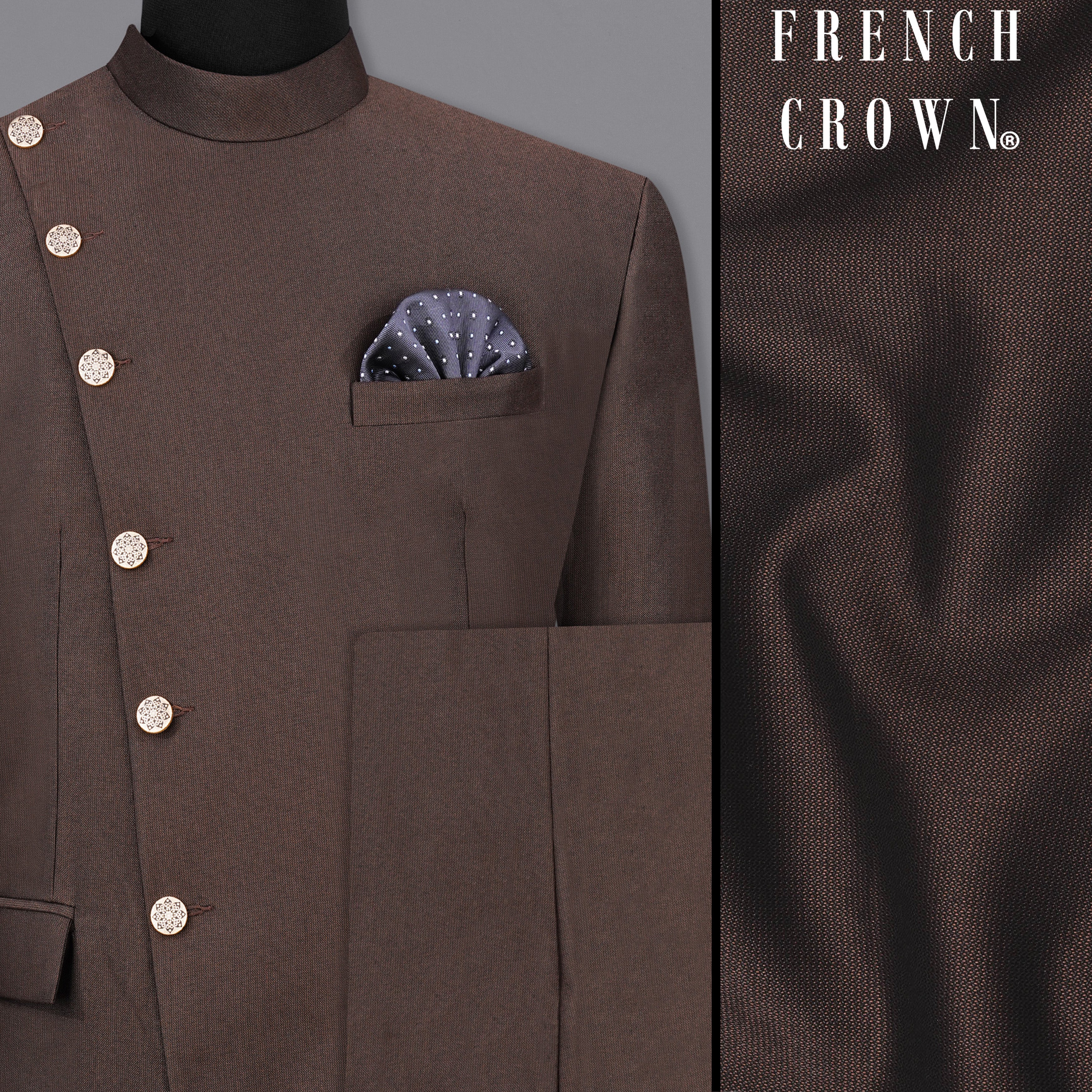 English Walnut Brown Cross Placket Bandhgala Suit