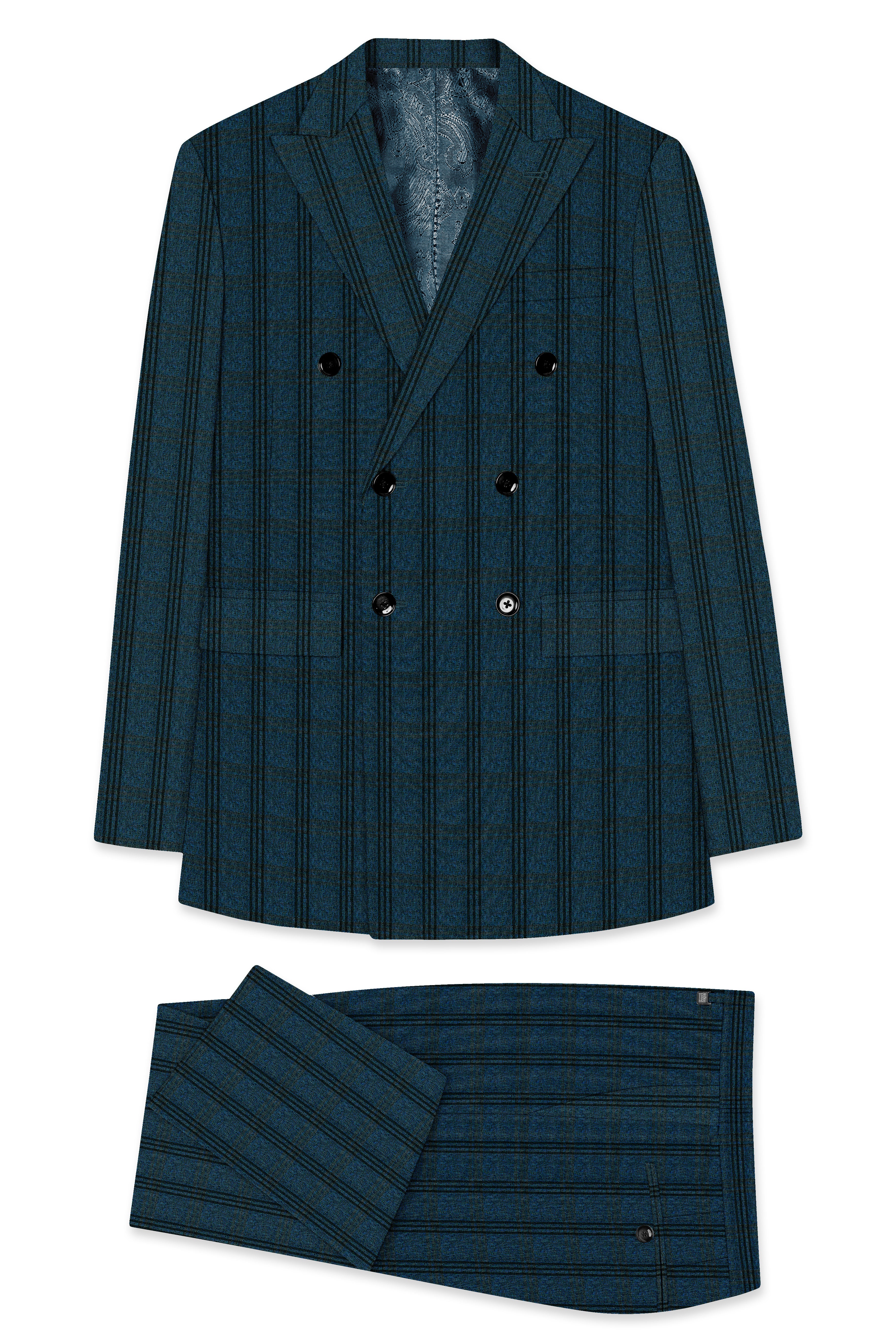 Sapphire Blue With Black Plaid Double Breasted Suit
