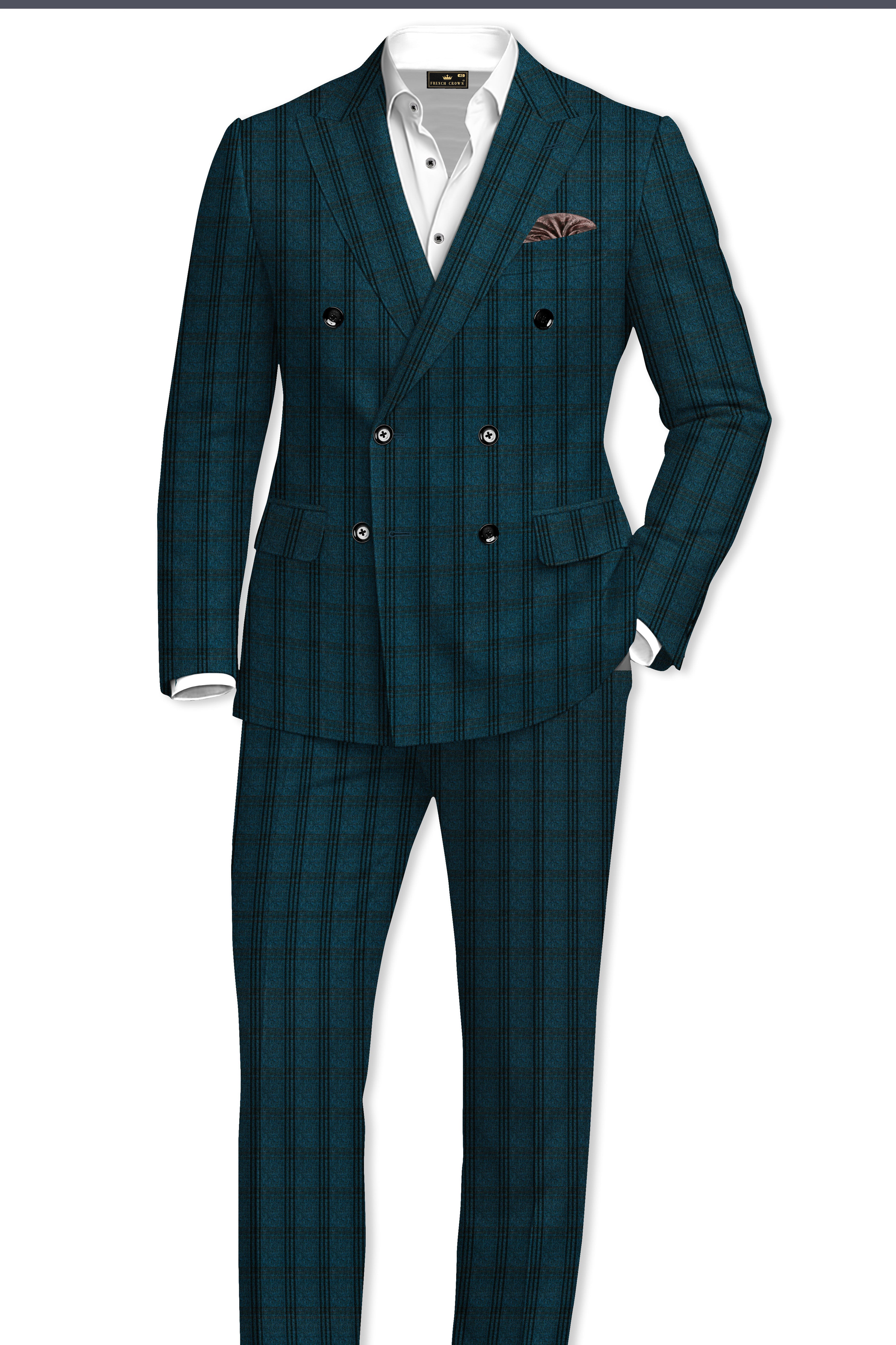 Sapphire Blue With Black Plaid Double Breasted Suit