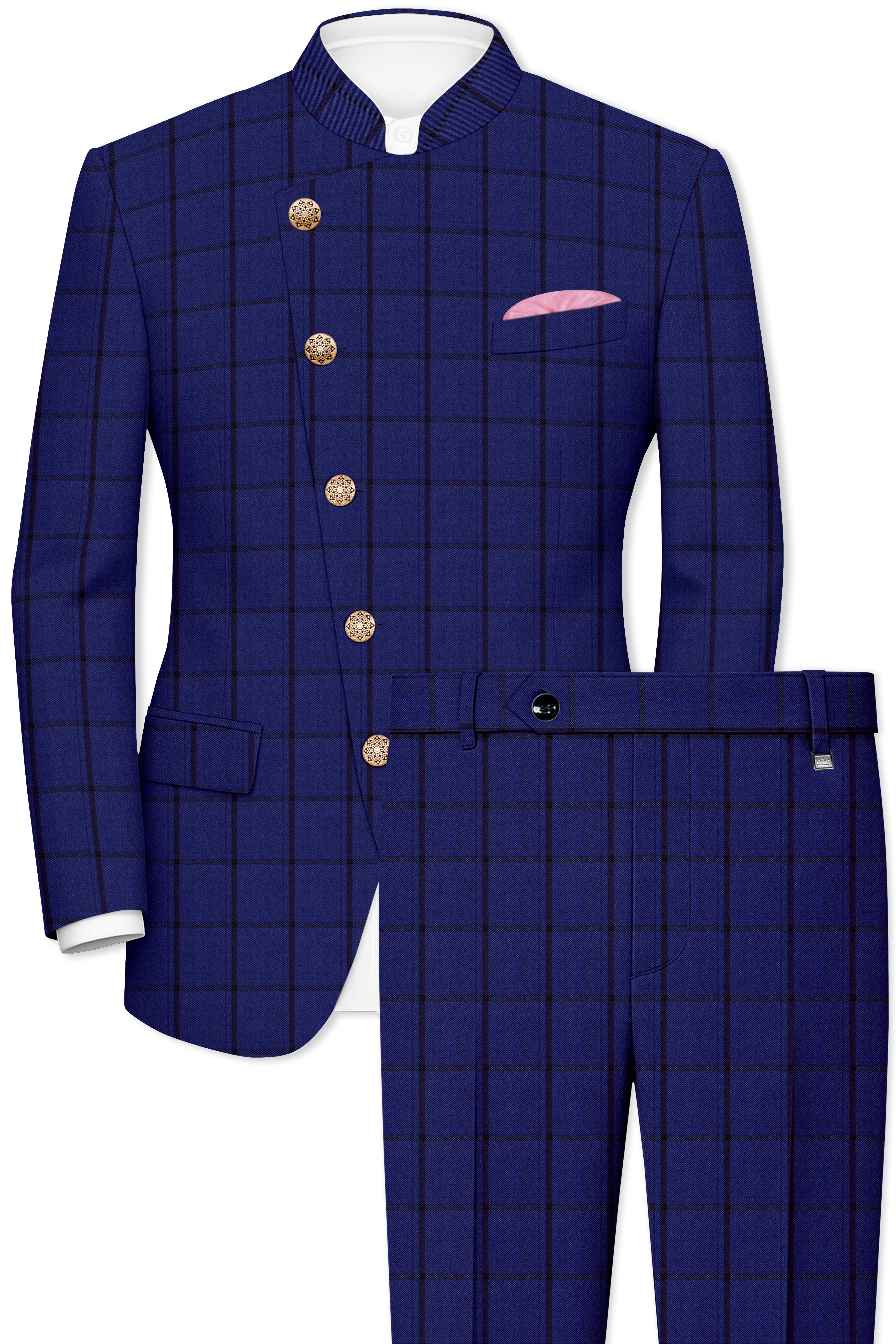 Dark Blue Windowpane Cross Placket Bandhgala Suit