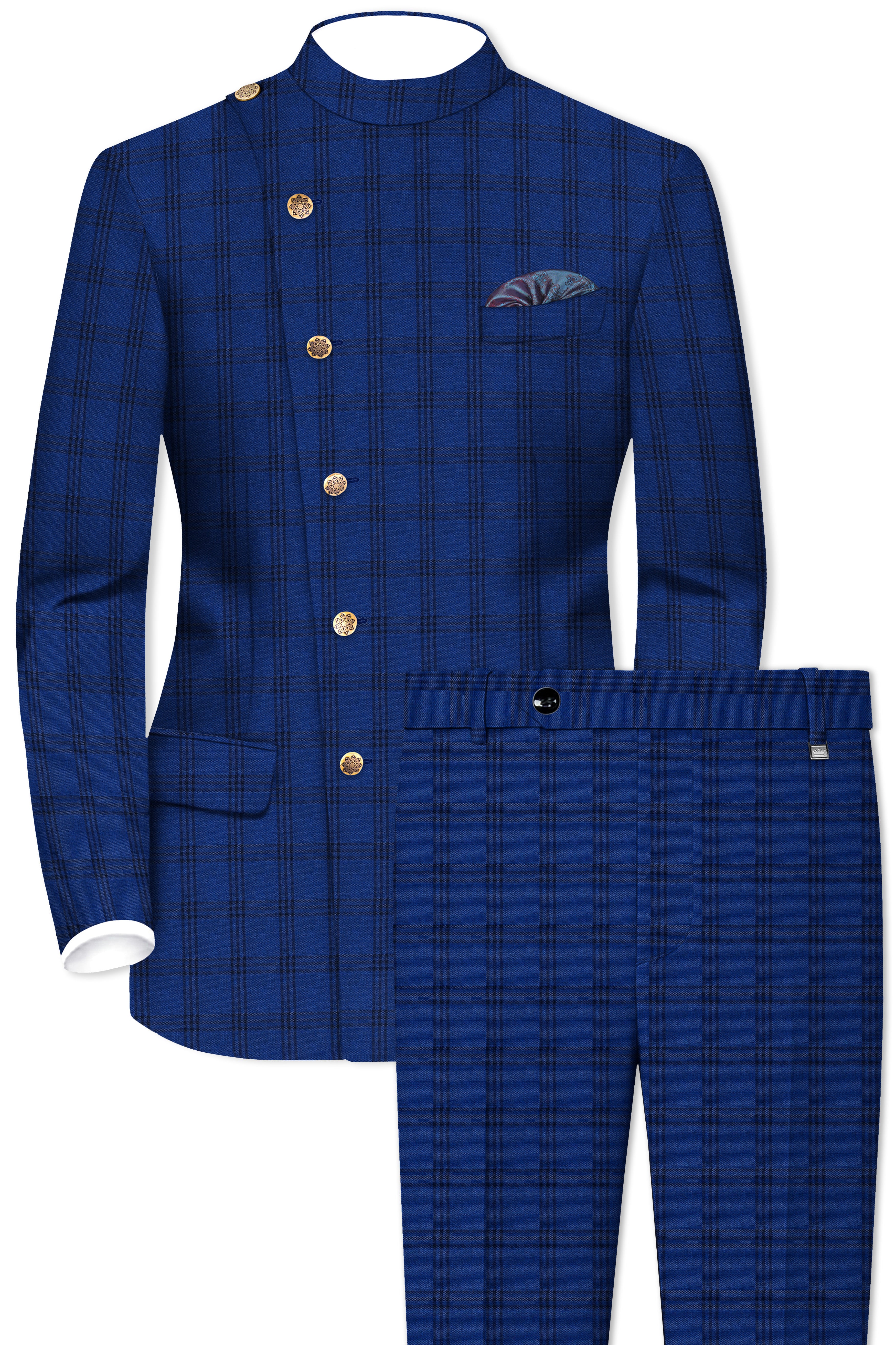 Cloud Burst Blue With Black Plaid Cross Placket Bandhgala Suit