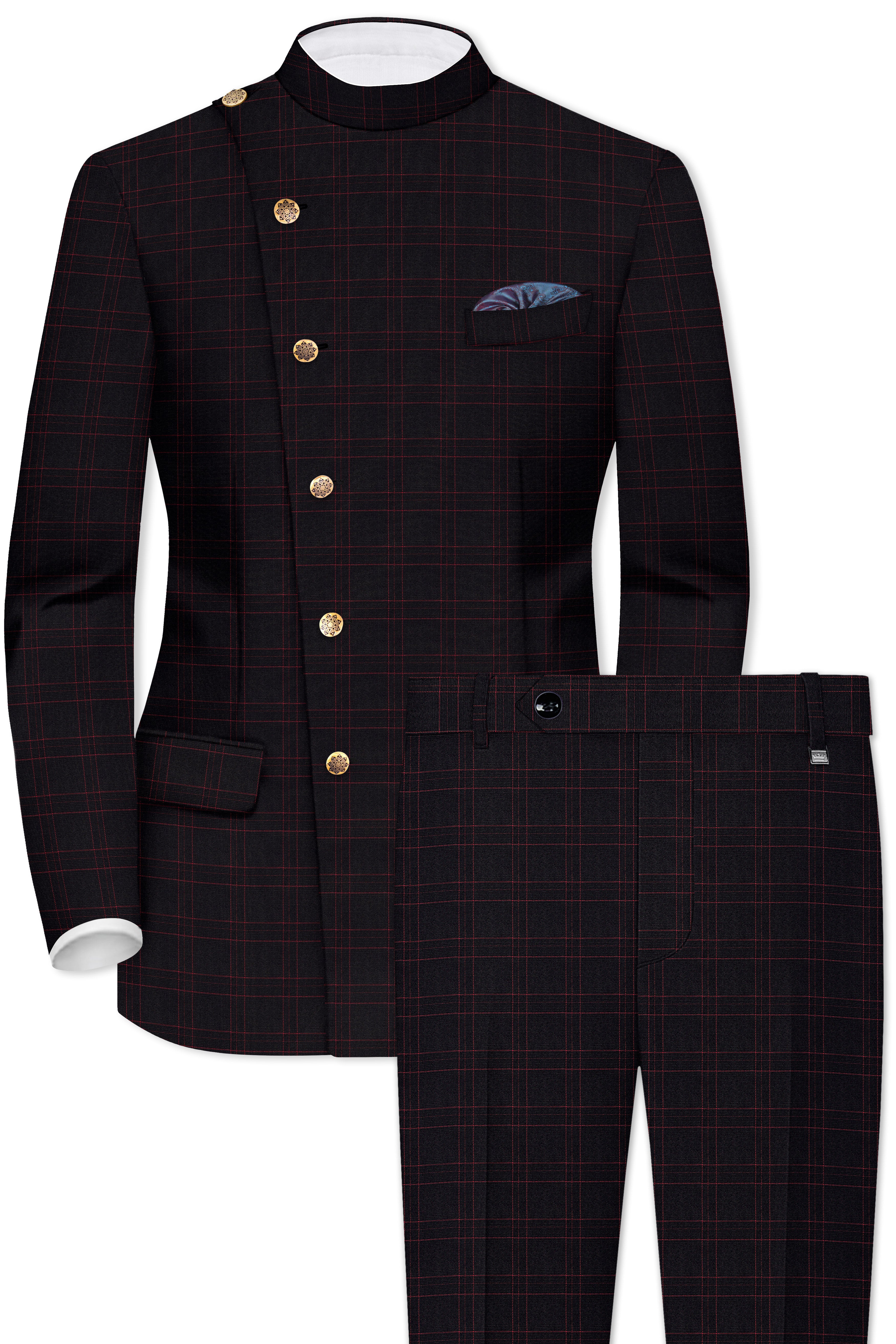 Onyx Black windowpane Cross Placket Bandhgala Suit