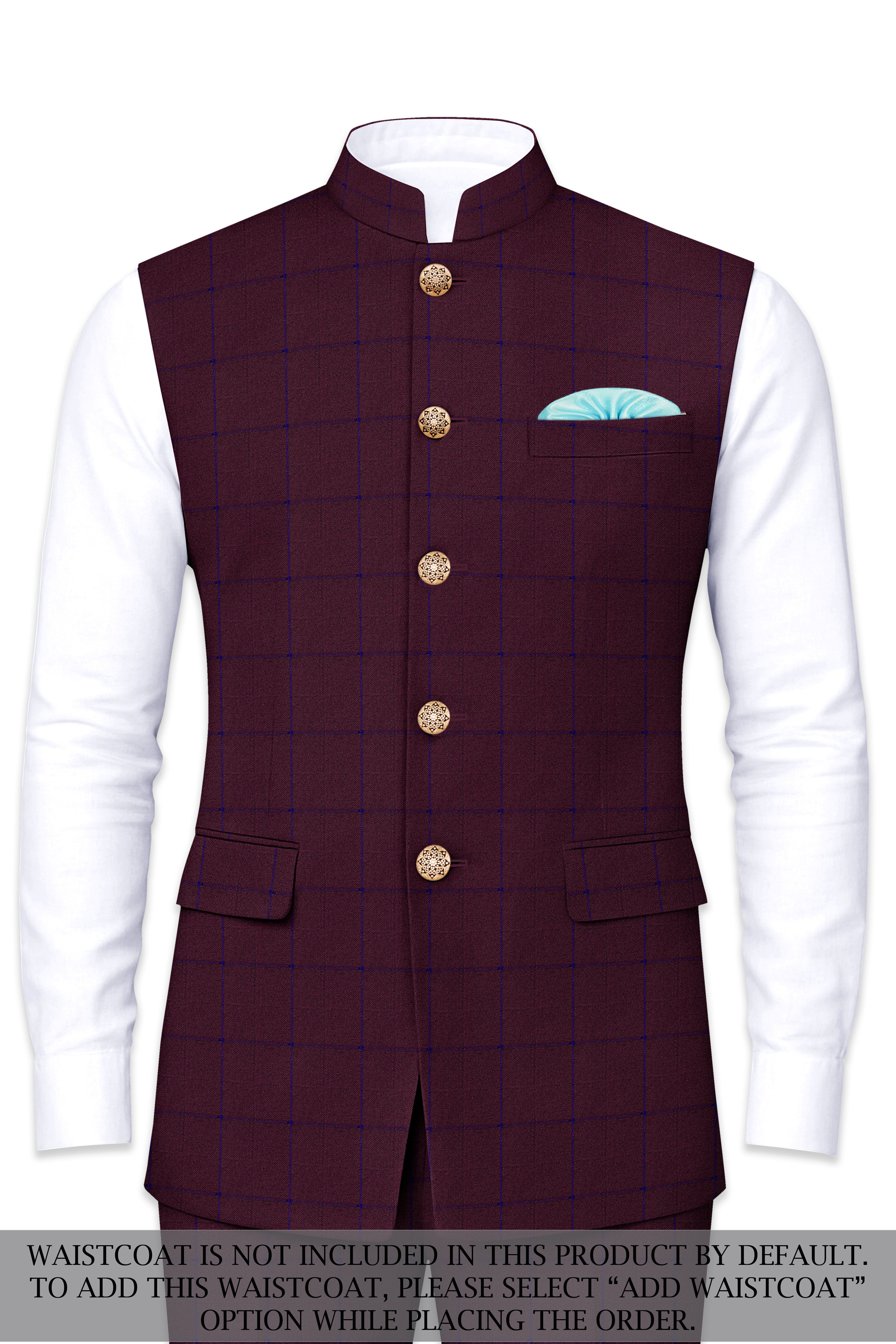 Wine Berry With Haiti Blue Windowpane Cross Placket Bandhgala Suit
