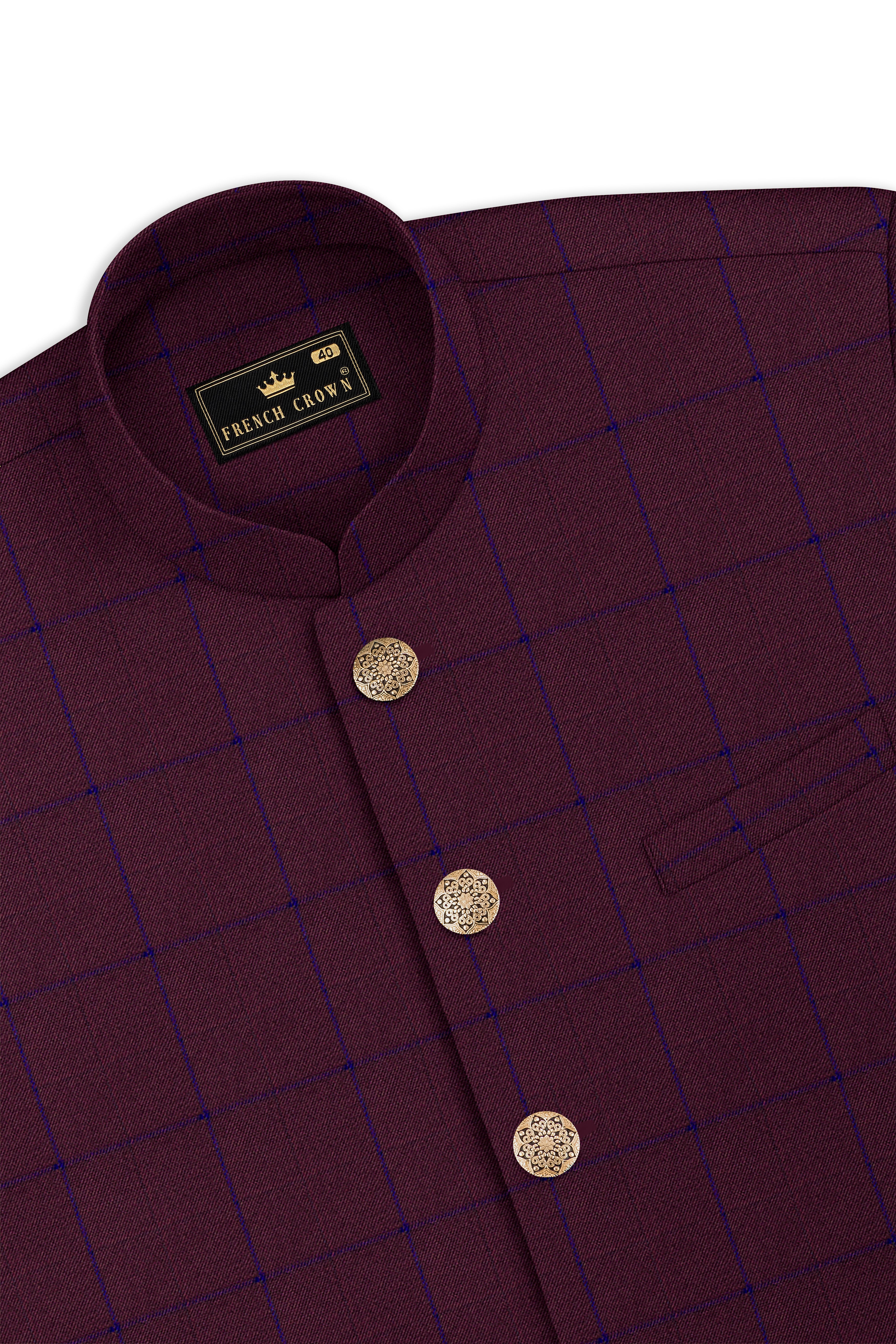 Wine Berry With Haiti Blue Windowpane Cross Placket Bandhgala Suit