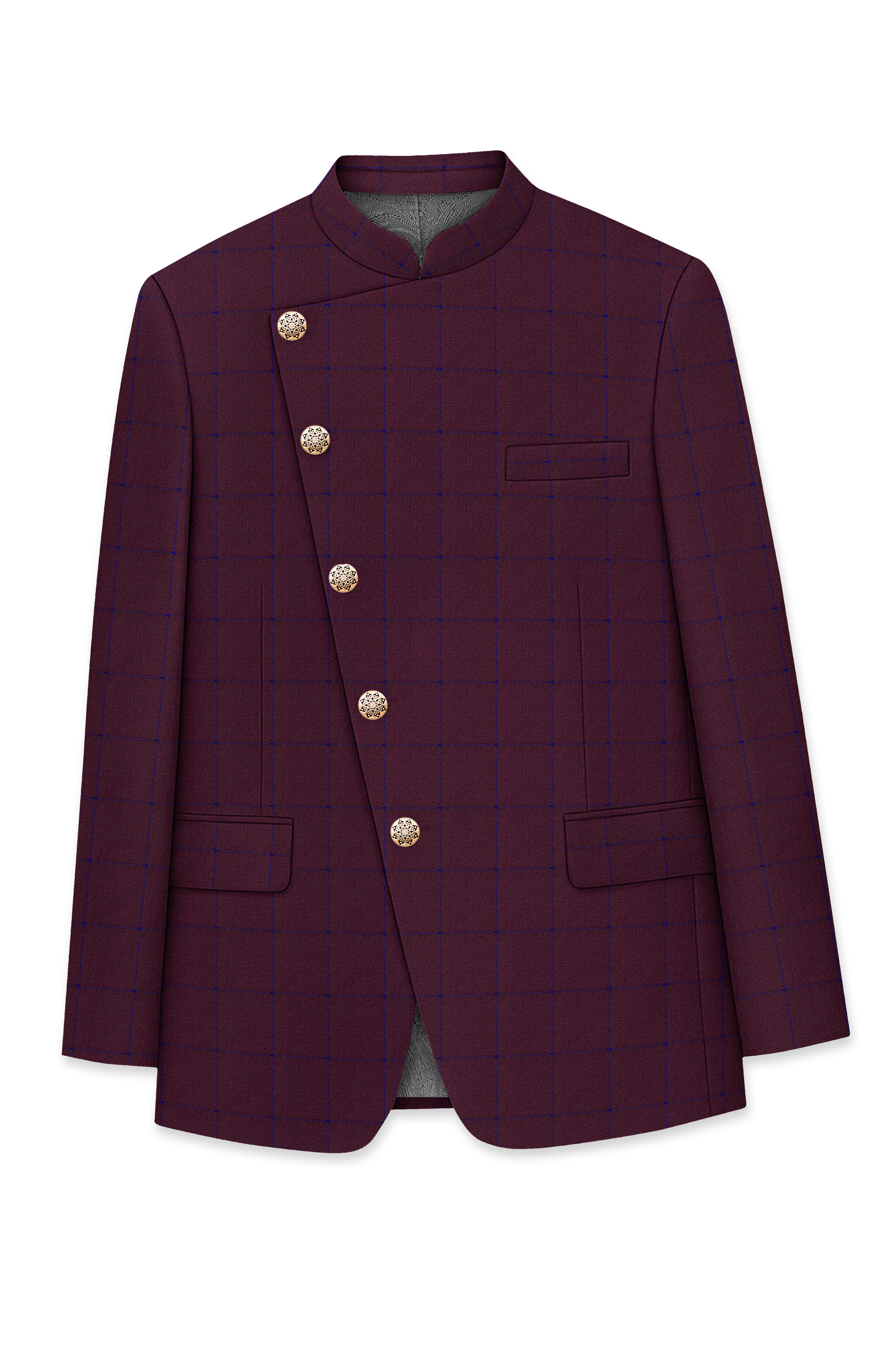 Wine Berry With Haiti Blue Windowpane Cross Placket Bandhgala Suit